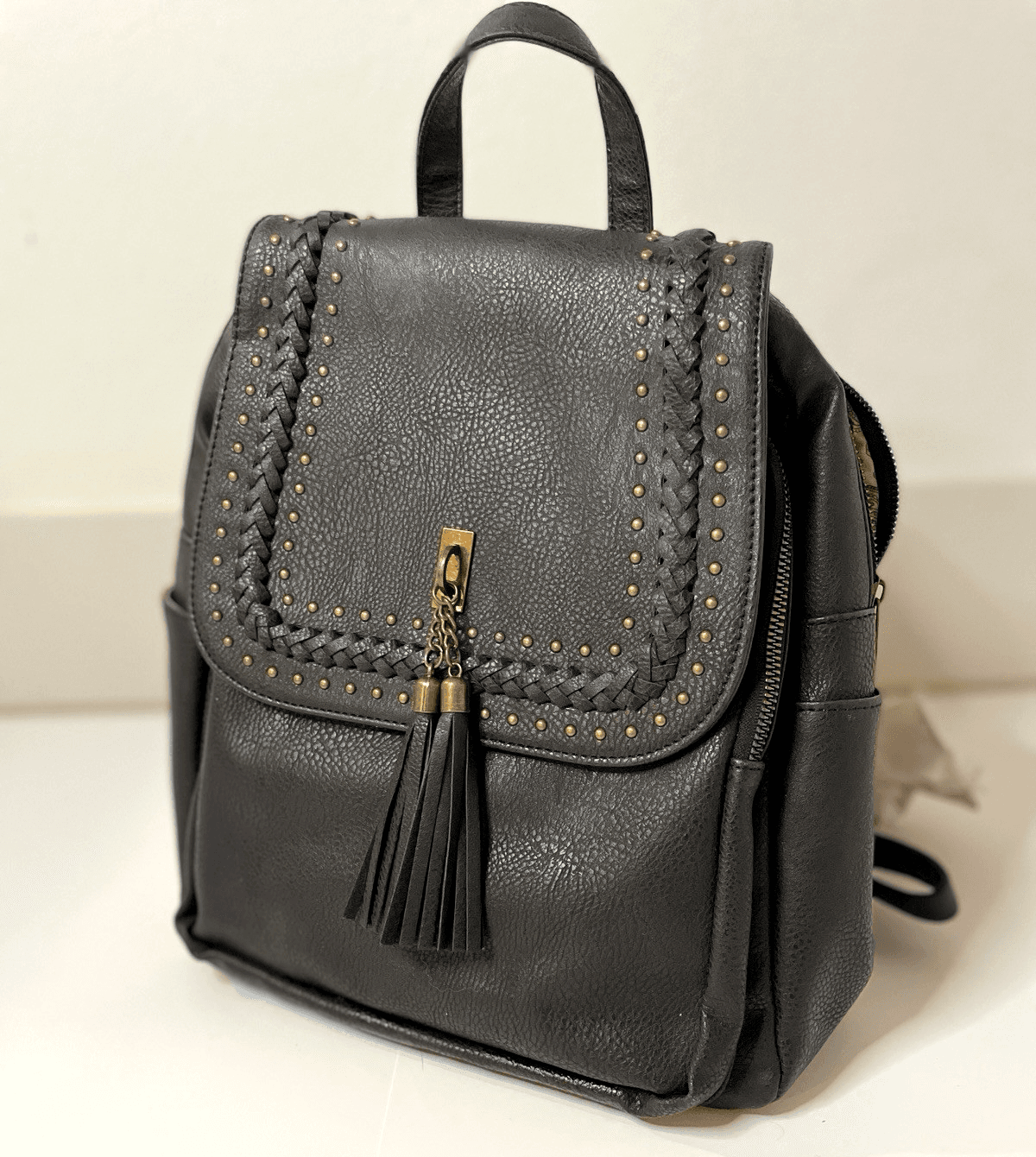 Small Backpack Women's Studded Vegan Leather Fringe Adjustable Straps Handles - Thumbnail 2