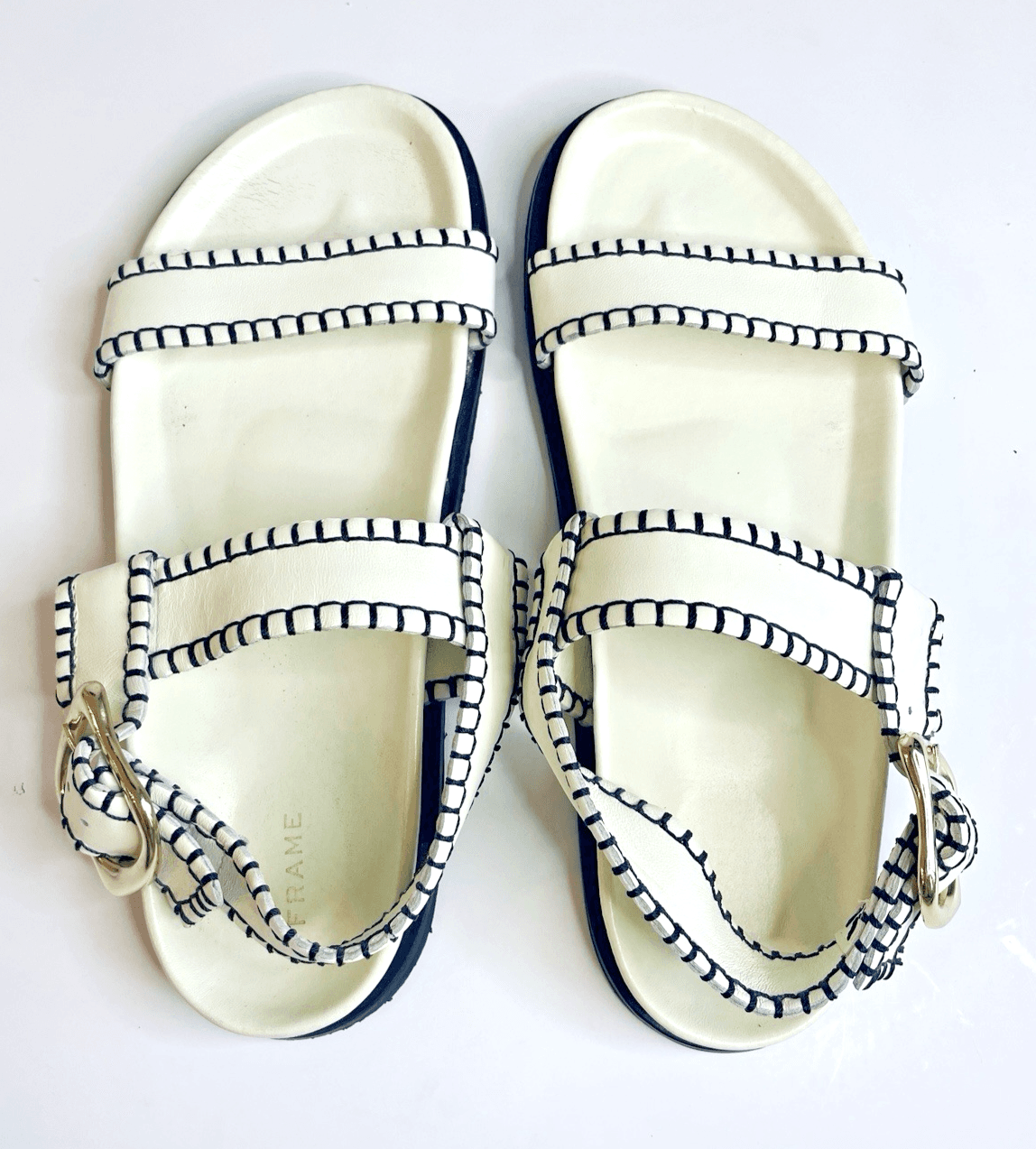 FRAME Le Marcel Leather Whipstitch Sandals Off White Womens 8.5 Good Condition - Thumbnail 3