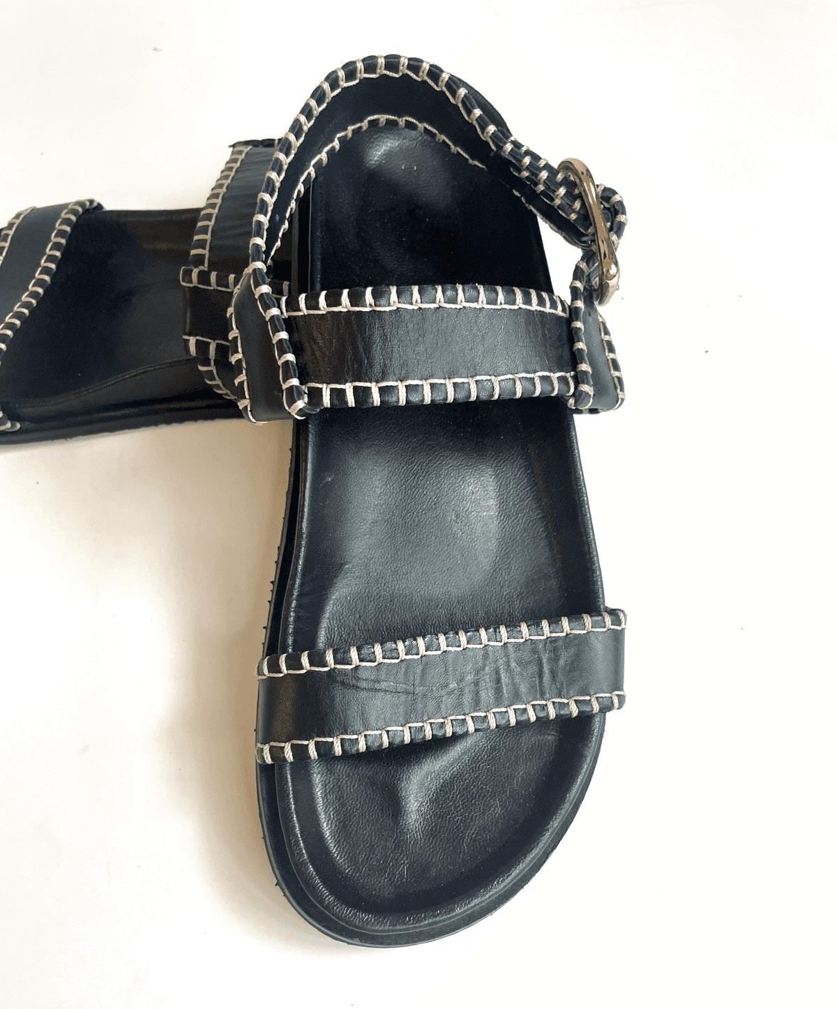 FRAME Leather Sandals Womens 8.5 Black Whipstitch Gold Buckle Good Condition - Thumbnail 7