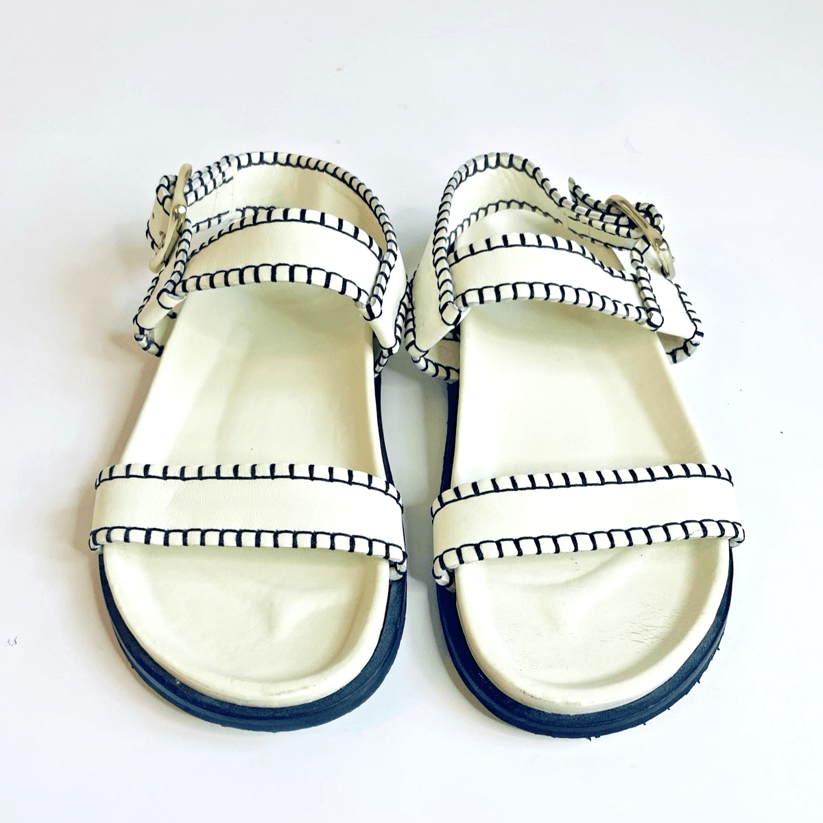 FRAME Le Marcel Leather Whipstitch Sandals Off White Womens 8.5 Good Condition - Thumbnail 2