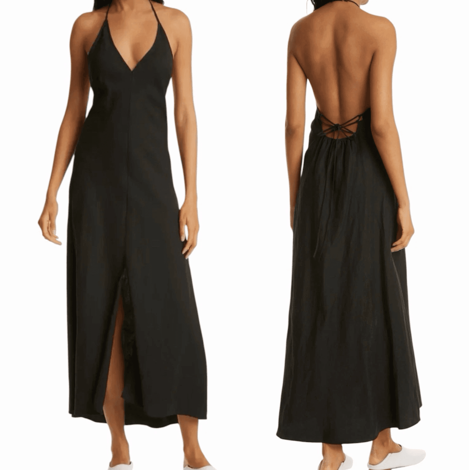 FRAME Maxi Dress Lace-Up Back Black Linen Blend Size X-Small - Thumbnail 4