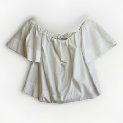 Vince Women's Blouse Large Off-The-Shoulder Poplin Cotton Short Sleeve Top White - Thumbnail 2