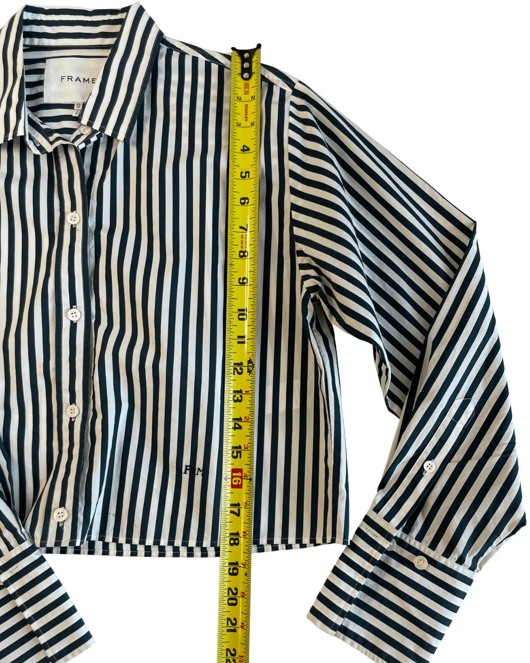FRAME Women's Blouse XS Cropped Long Sleeve Top-LWSH2460-Navy Stripe-100% Cotton - Thumbnail 6