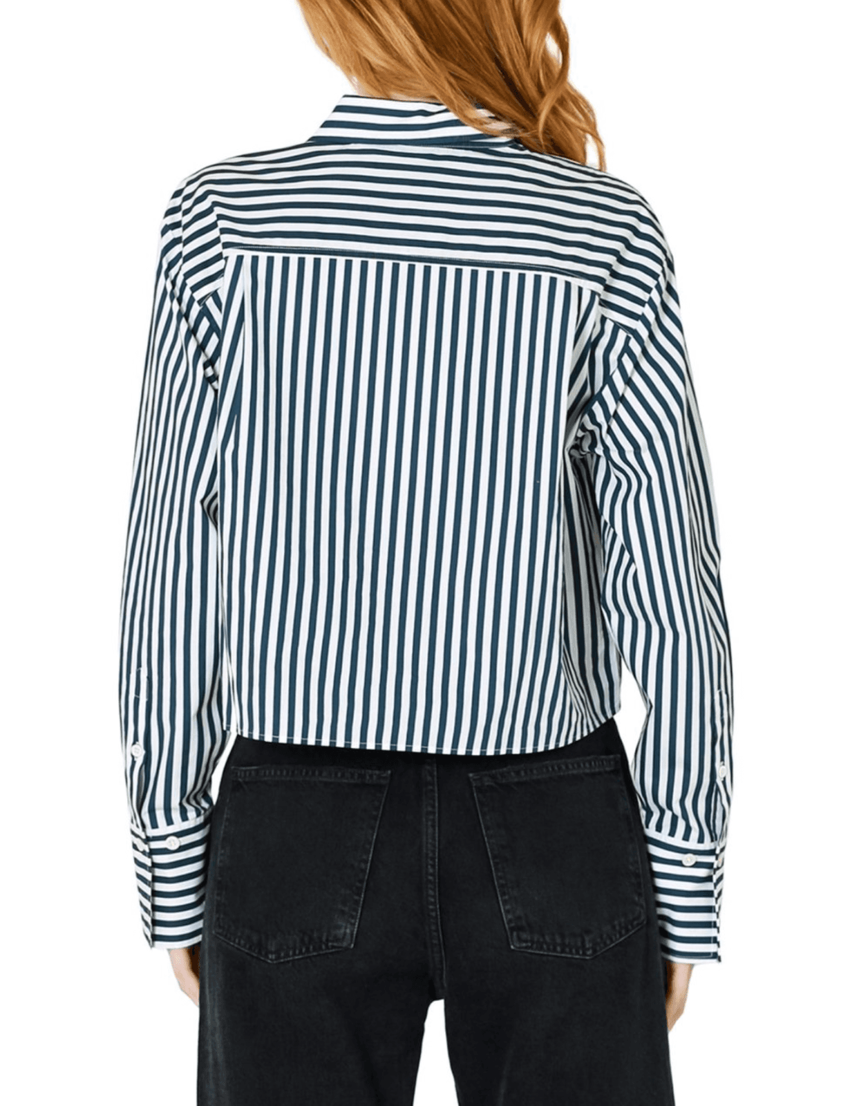 FRAME Women's Blouse XS Cropped Long Sleeve Top-LWSH2460-Navy Stripe-100% Cotton - Thumbnail 3