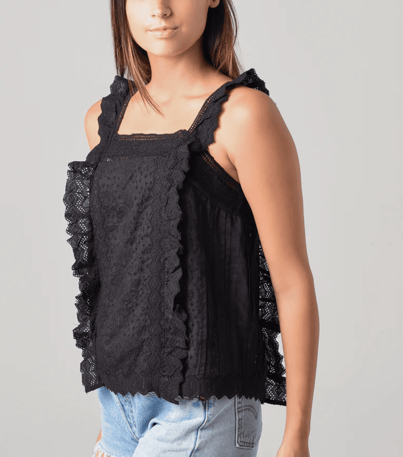 FRAME Women's Blouse 100% Ramie Black Lace Embroidered Ruffle Tank X-Small - Thumbnail 3