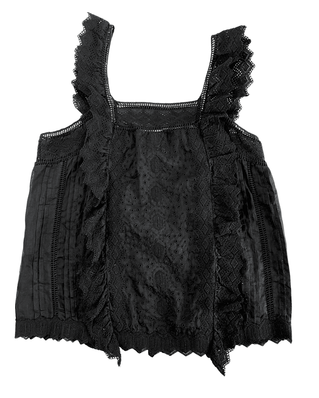 FRAME Women's Blouse 100% Ramie Black Lace Embroidered Ruffle Tank X-Small - Thumbnail 5