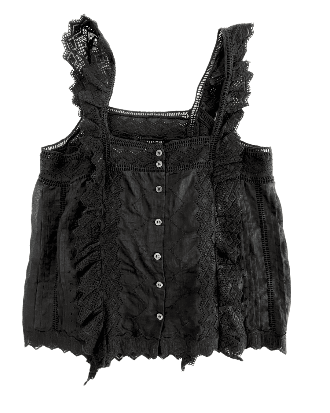 FRAME Women's Blouse 100% Ramie Black Lace Embroidered Ruffle Tank X-Small - Thumbnail 7