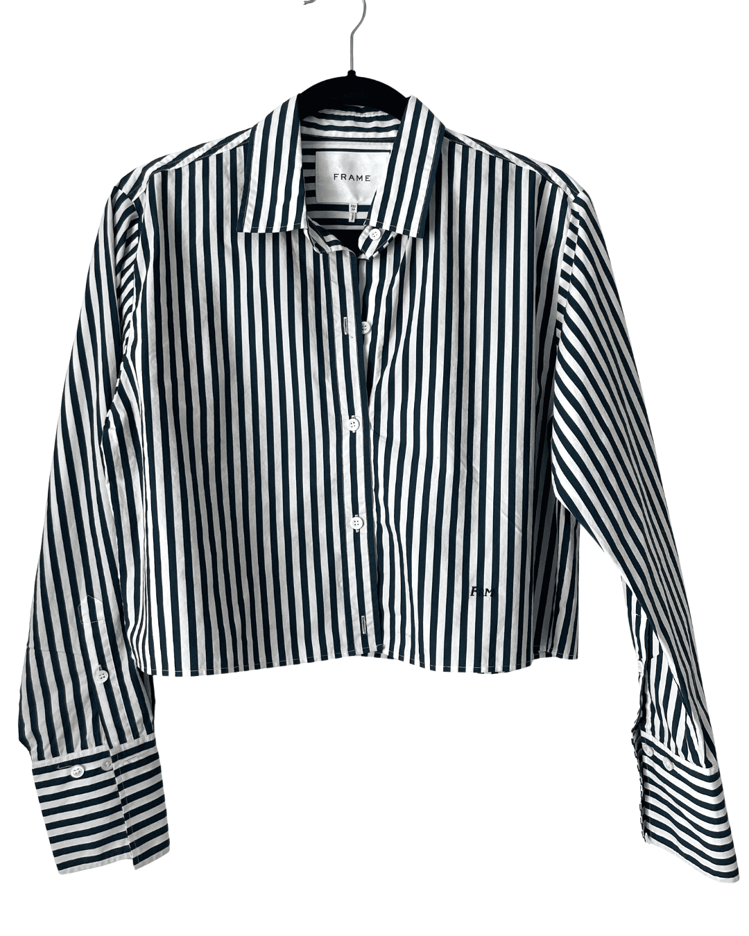 FRAME Women's Blouse XS Cropped Long Sleeve Top-LWSH2460-Navy Stripe-100% Cotton - Thumbnail 4