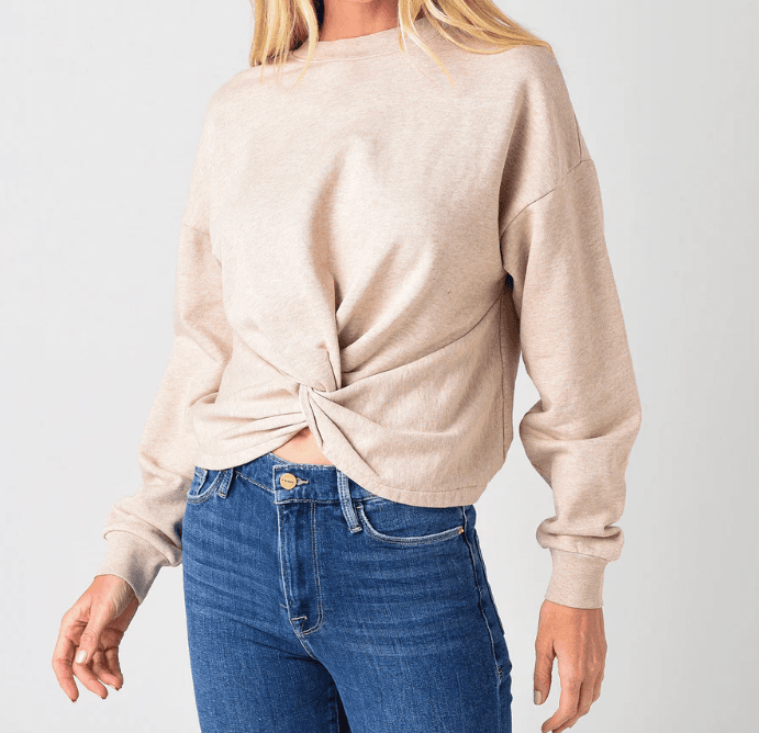 FRAME Women's Twist Crewneck Sweatshirt Small Terry Cloth Lined Oatmeal Heather - Thumbnail 2