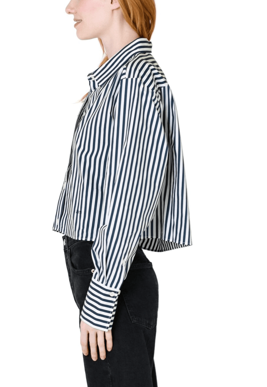 FRAME Women's Blouse XS Cropped Long Sleeve Top-LWSH2460-Navy Stripe-100% Cotton - Thumbnail 2