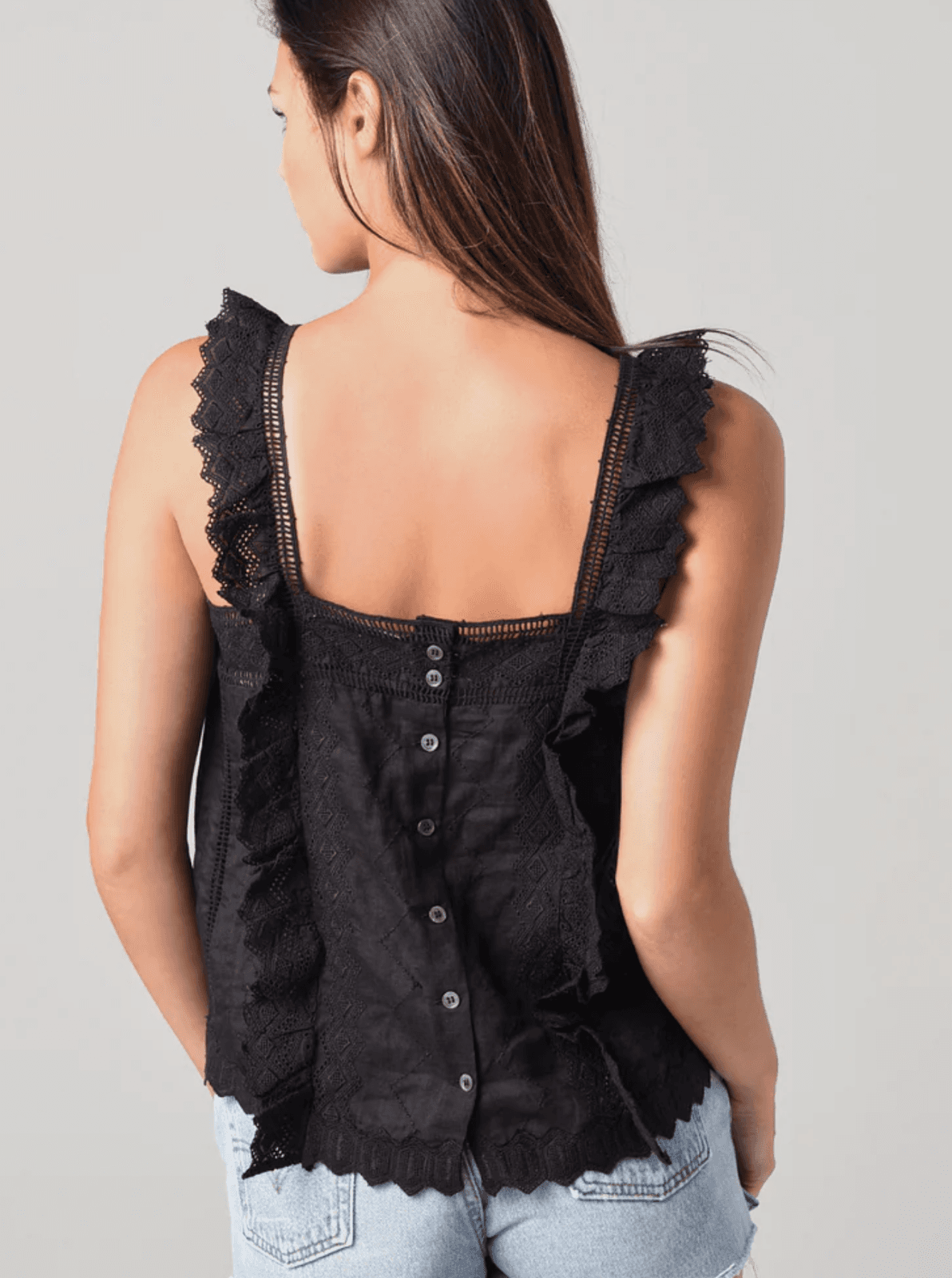 FRAME Women's Blouse 100% Ramie Black Lace Embroidered Ruffle Tank X-Small - Thumbnail 2
