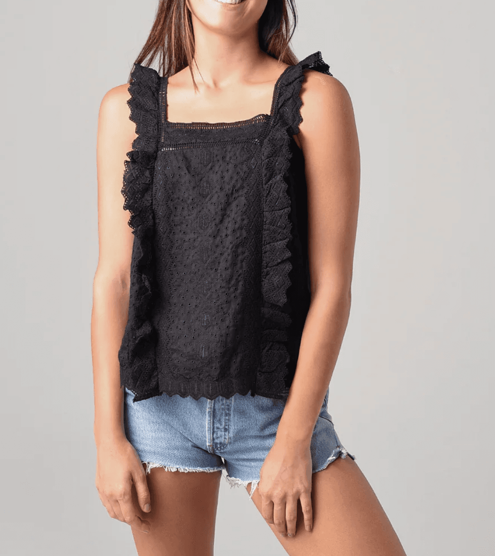 FRAME Women's Blouse 100% Ramie Black Lace Embroidered Ruffle Tank X-Small - Thumbnail 4