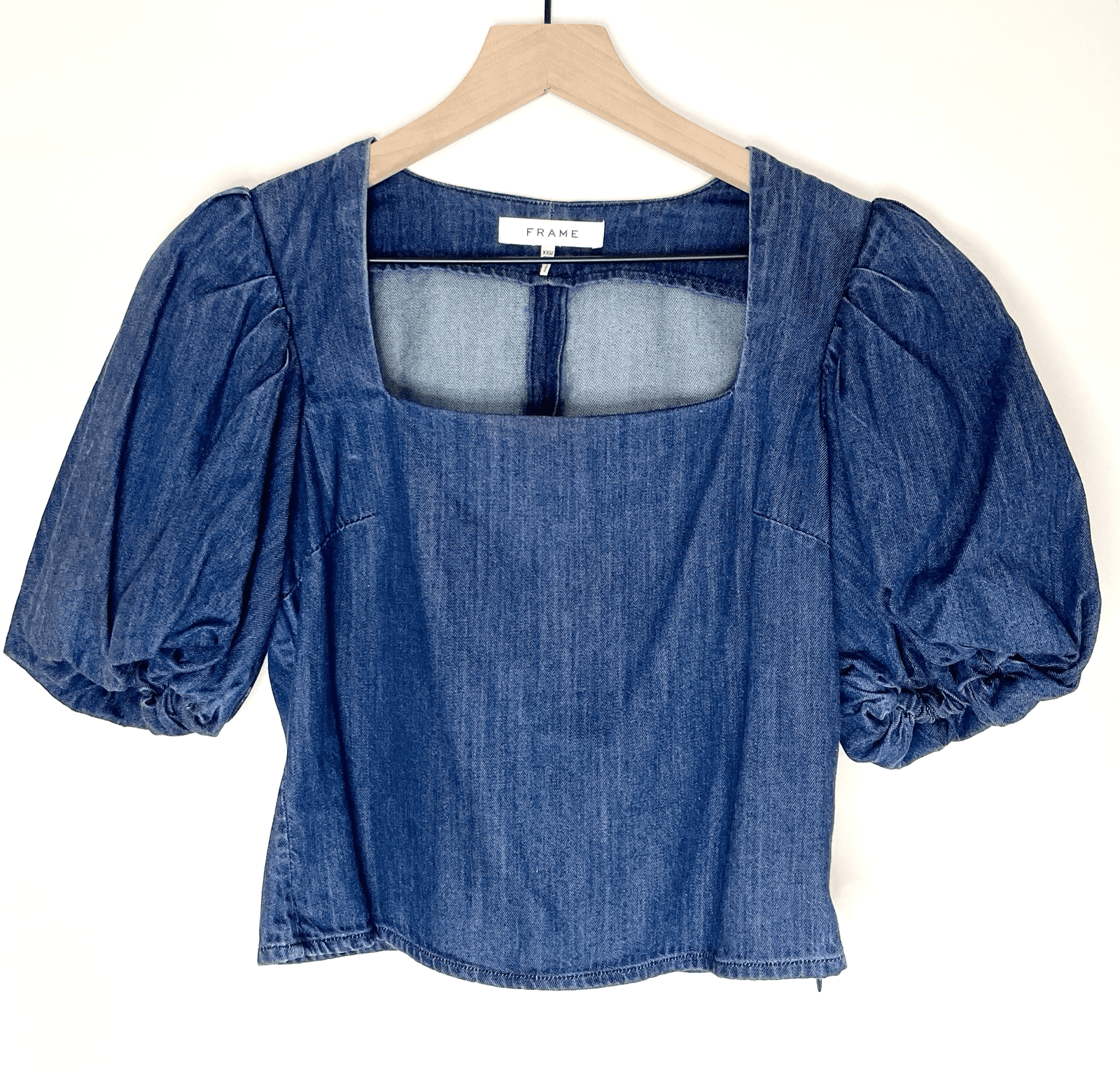 FRAME Women's Denim Puff Sleeve Cropped Square Neck Top XXS - $288 Retail - Thumbnail 2