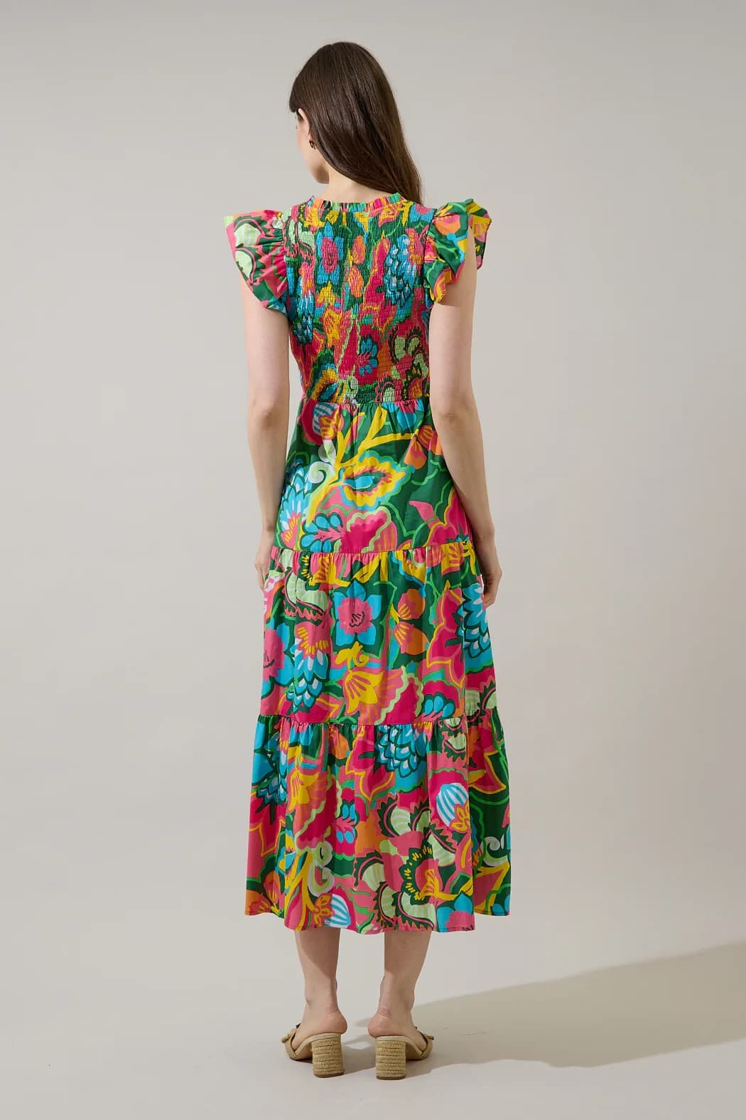 Sugarlips Smocked Bodice Tiered Midi Dress 100% Cotton Floral Women Size X-Small - Thumbnail 4