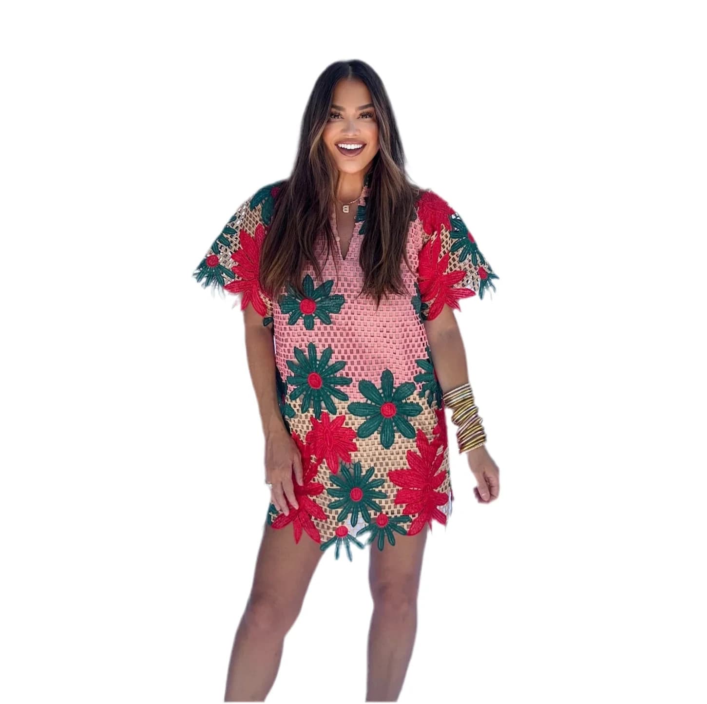 BuddyLove Women Short Sleeve Mini Caftan Dress in Sedona Crochet Pattern Size XS - Thumbnail 4