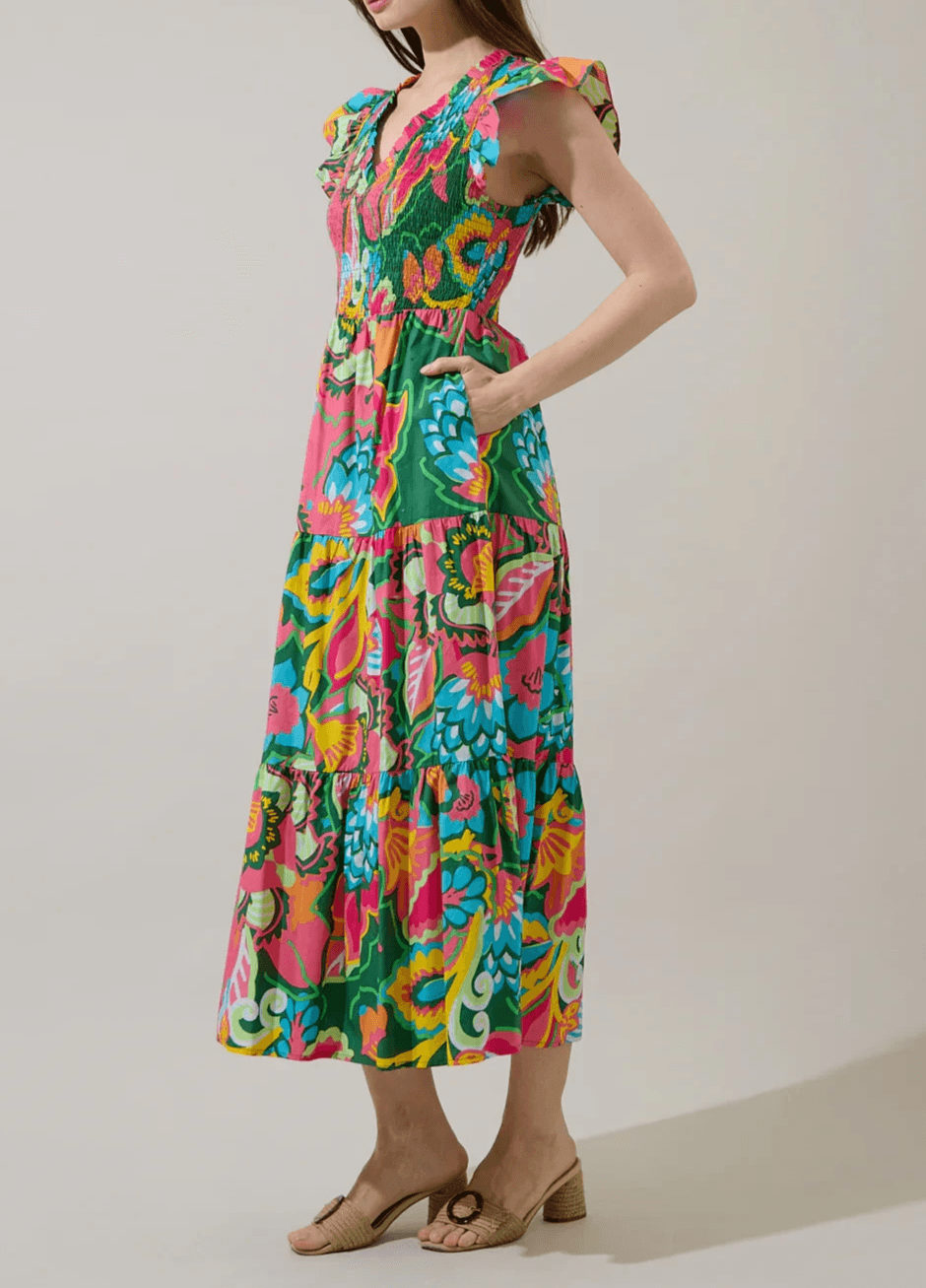 Sugarlips Smocked Bodice Tiered Midi Dress 100% Cotton Floral Women Size X-Small - Thumbnail 2