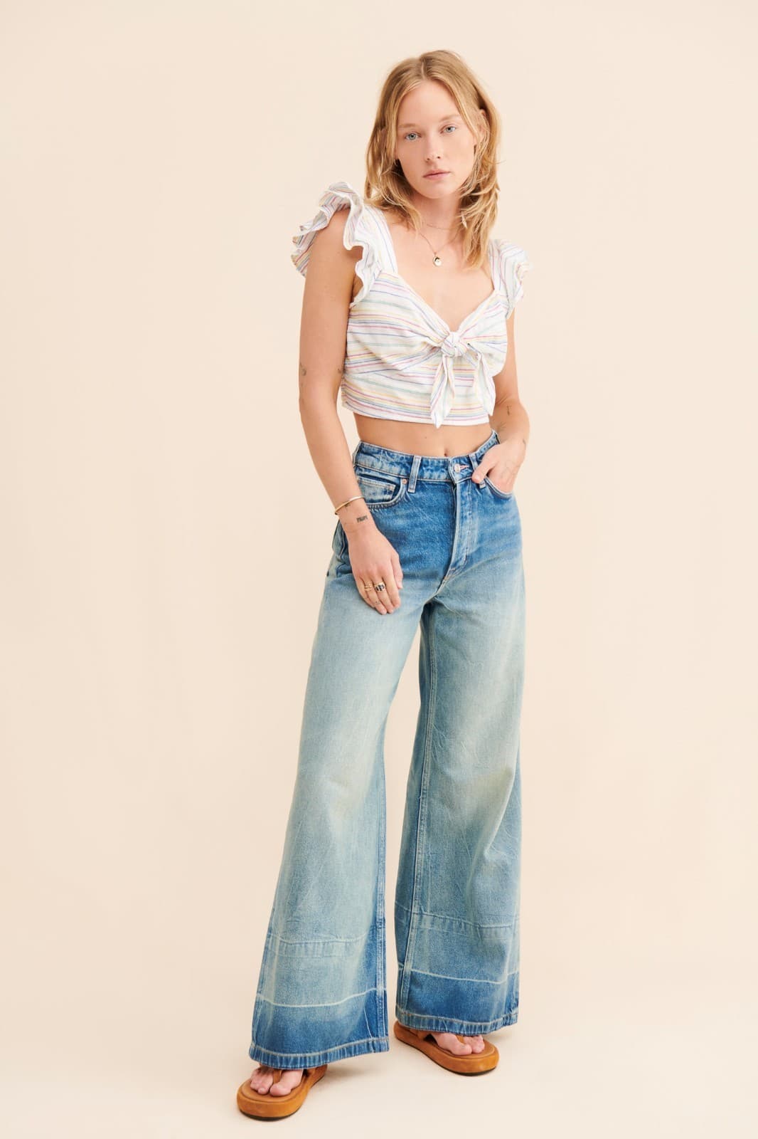 Maeve by Anthropologie Women's Striped Tie-Front Top Cropped Ruffle Size X-Small - Thumbnail 4