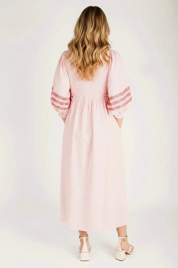 Jodiful Embroidered Puff Sleeve Maxi Dress Pink Striped Women Size Small - Thumbnail 3