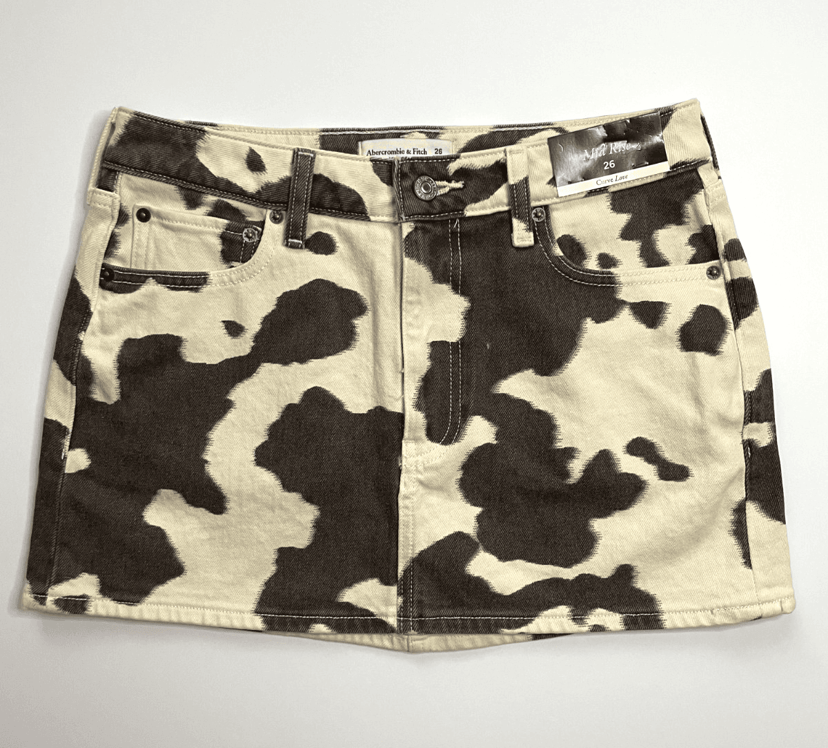 Abercrombie & Fitch Curve Love Mid Rise Denim Mini Skirt Cow Print/Brown Size 26 - Thumbnail 3
