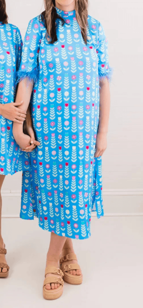Heart of Grace Satin Feather Caftan Dress Blue Satin Print Women Size X-Small - Thumbnail 3