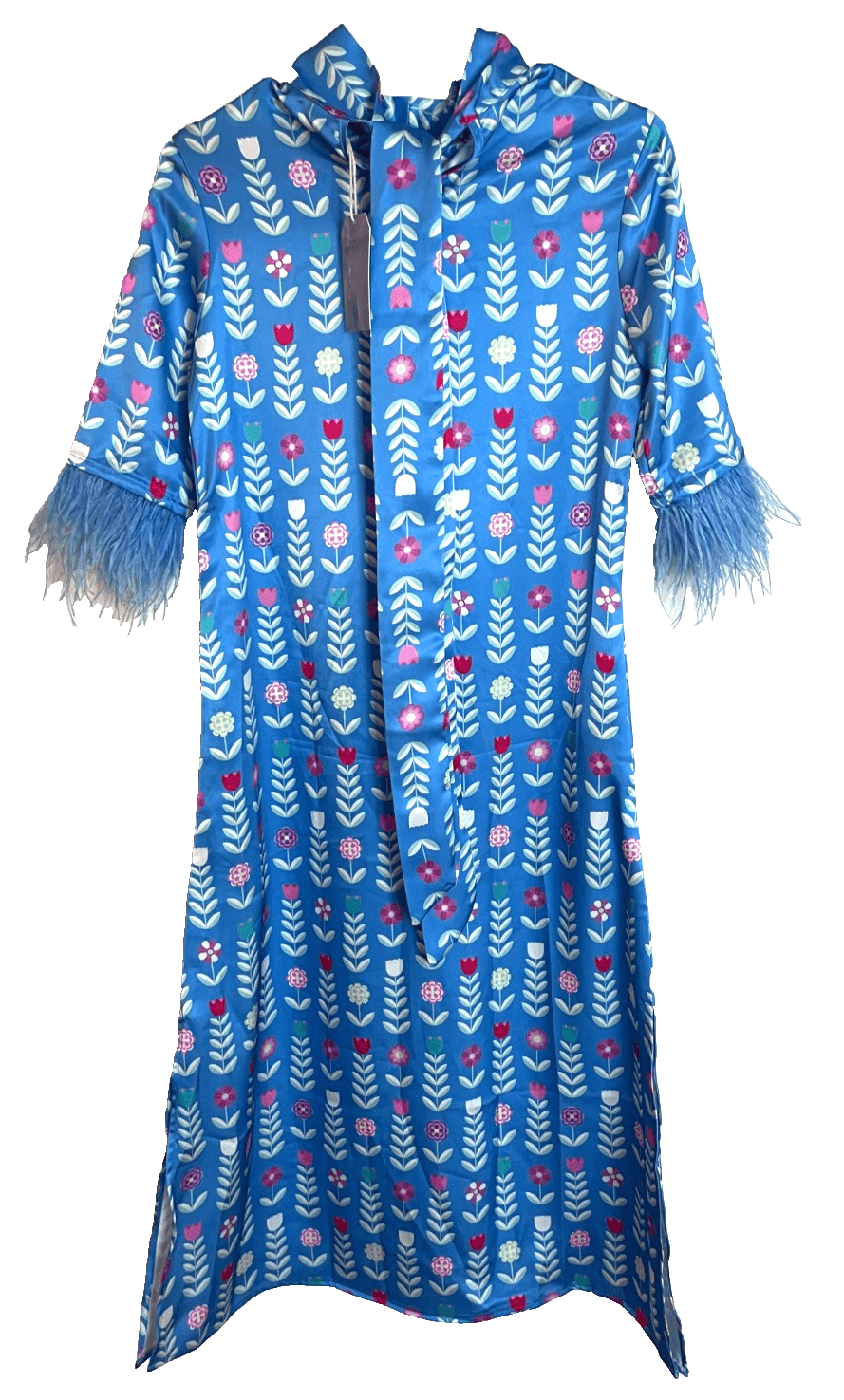 Heart of Grace Satin Feather Caftan Dress Blue Satin Print Women Size X-Small - Thumbnail 4