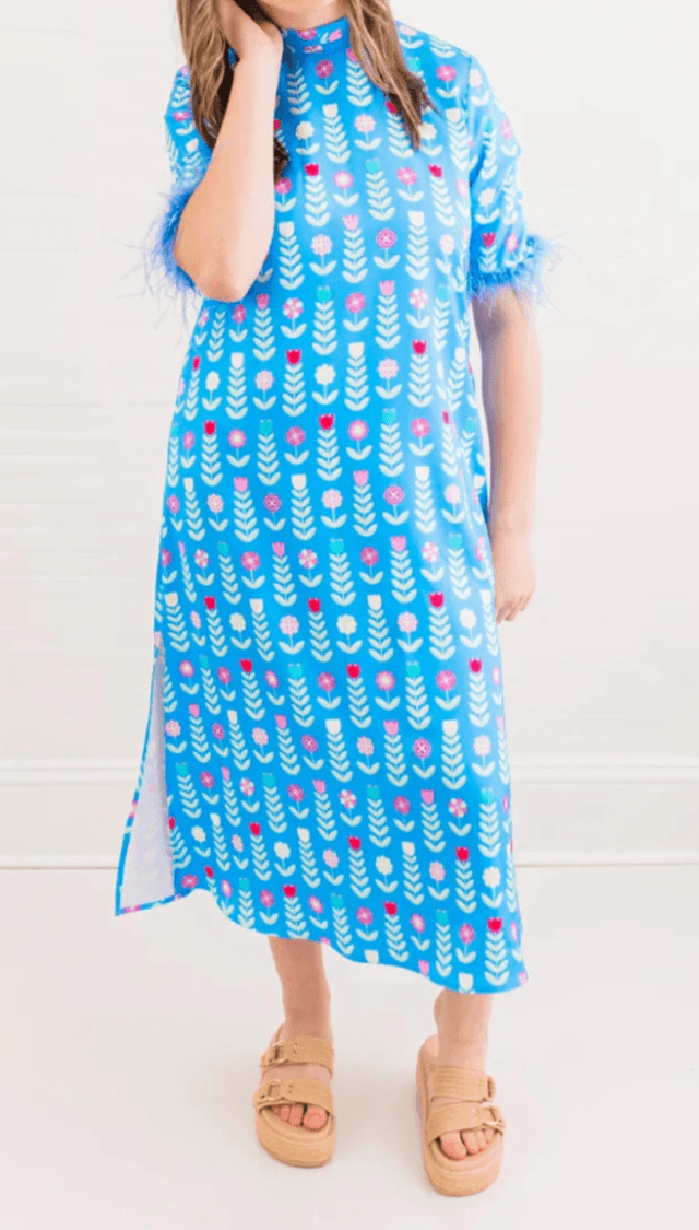 Heart of Grace Satin Feather Caftan Dress Blue Satin Print Women Size X-Small - Thumbnail 2