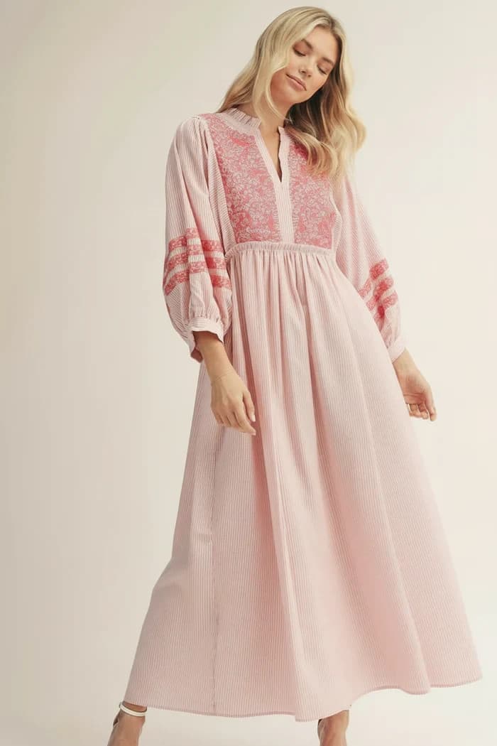 Jodiful Embroidered Puff Sleeve Maxi Dress Pink Striped Women Size Small - Thumbnail 2