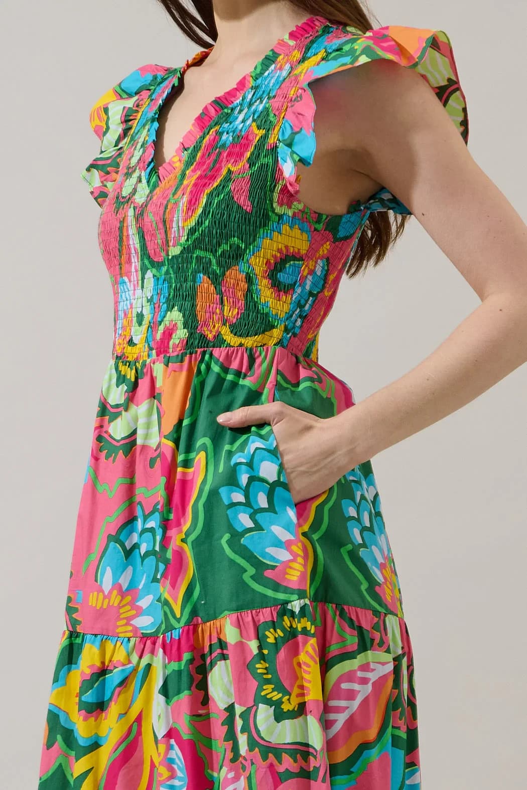 Sugarlips Smocked Bodice Tiered Midi Dress 100% Cotton Floral Women Size X-Small - Thumbnail 3