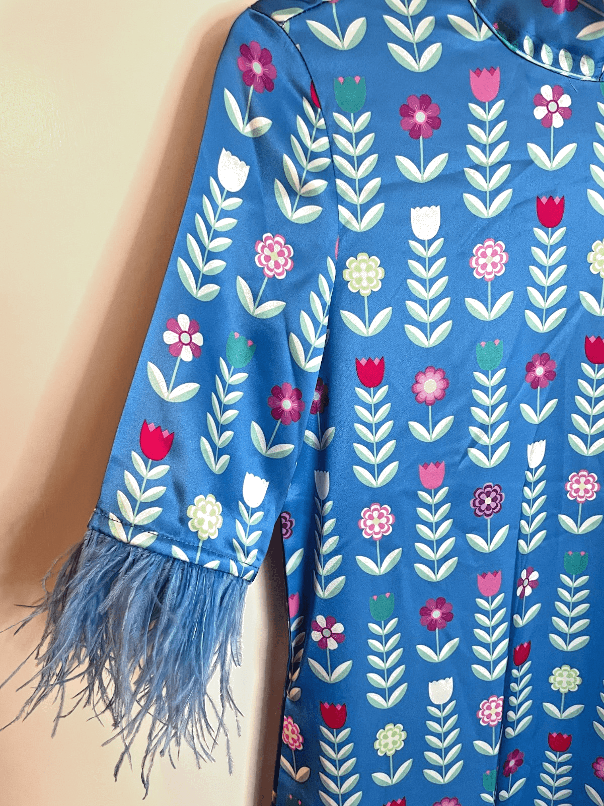 Heart of Grace Satin Feather Caftan Dress Blue Satin Print Women Size X-Small - Thumbnail 5