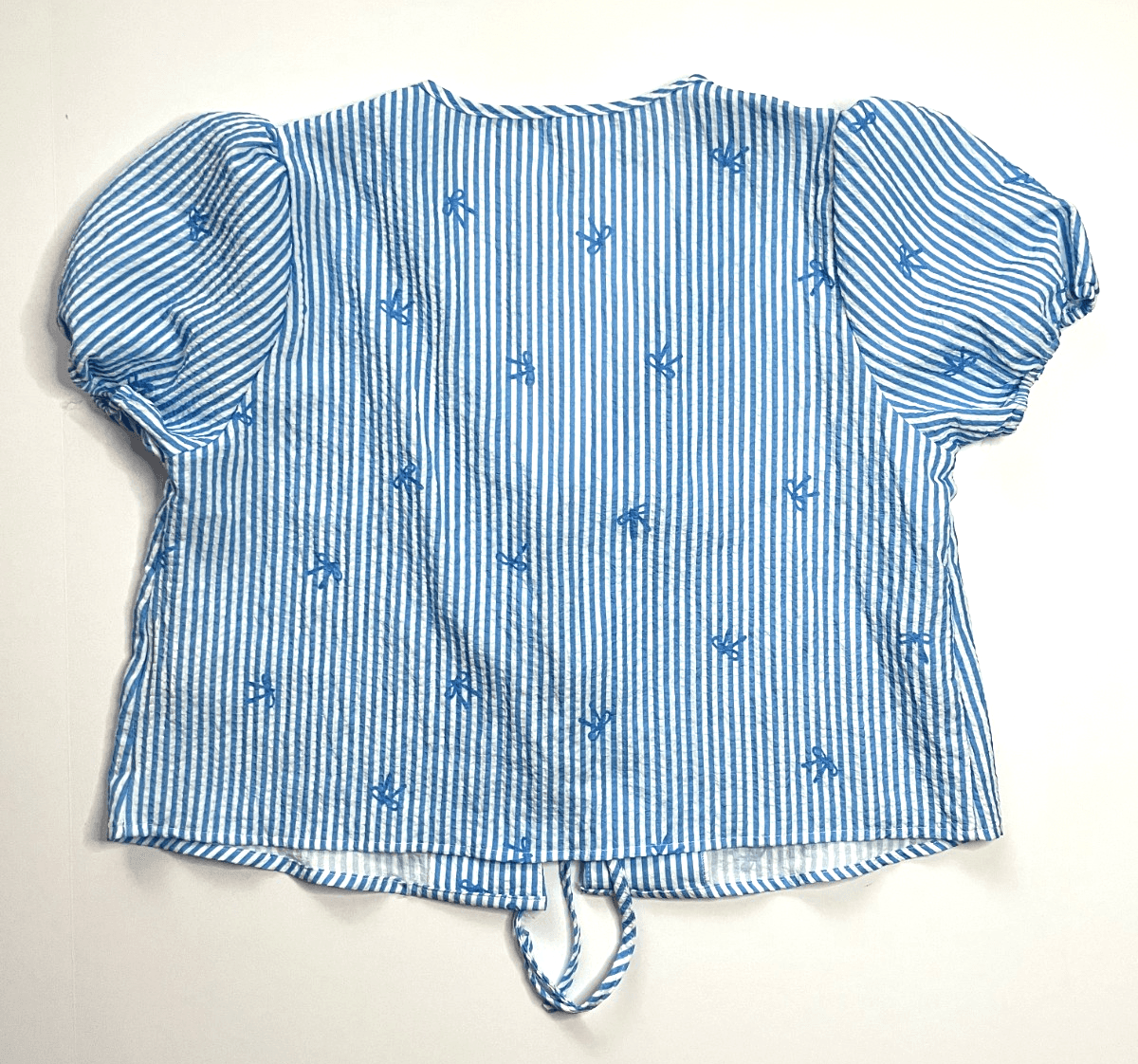 Womens 2-Piece Tie Front Set Puff Sleeve Top + Shorts in Blue Stripe Size S - Thumbnail 4