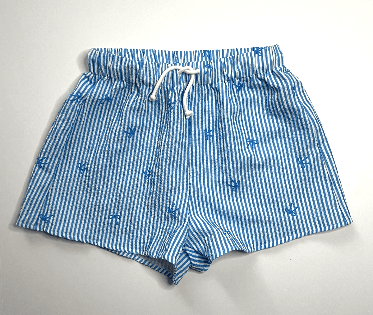 Womens 2-Piece Tie Front Set Puff Sleeve Top + Shorts in Blue Stripe Size S - Thumbnail 7
