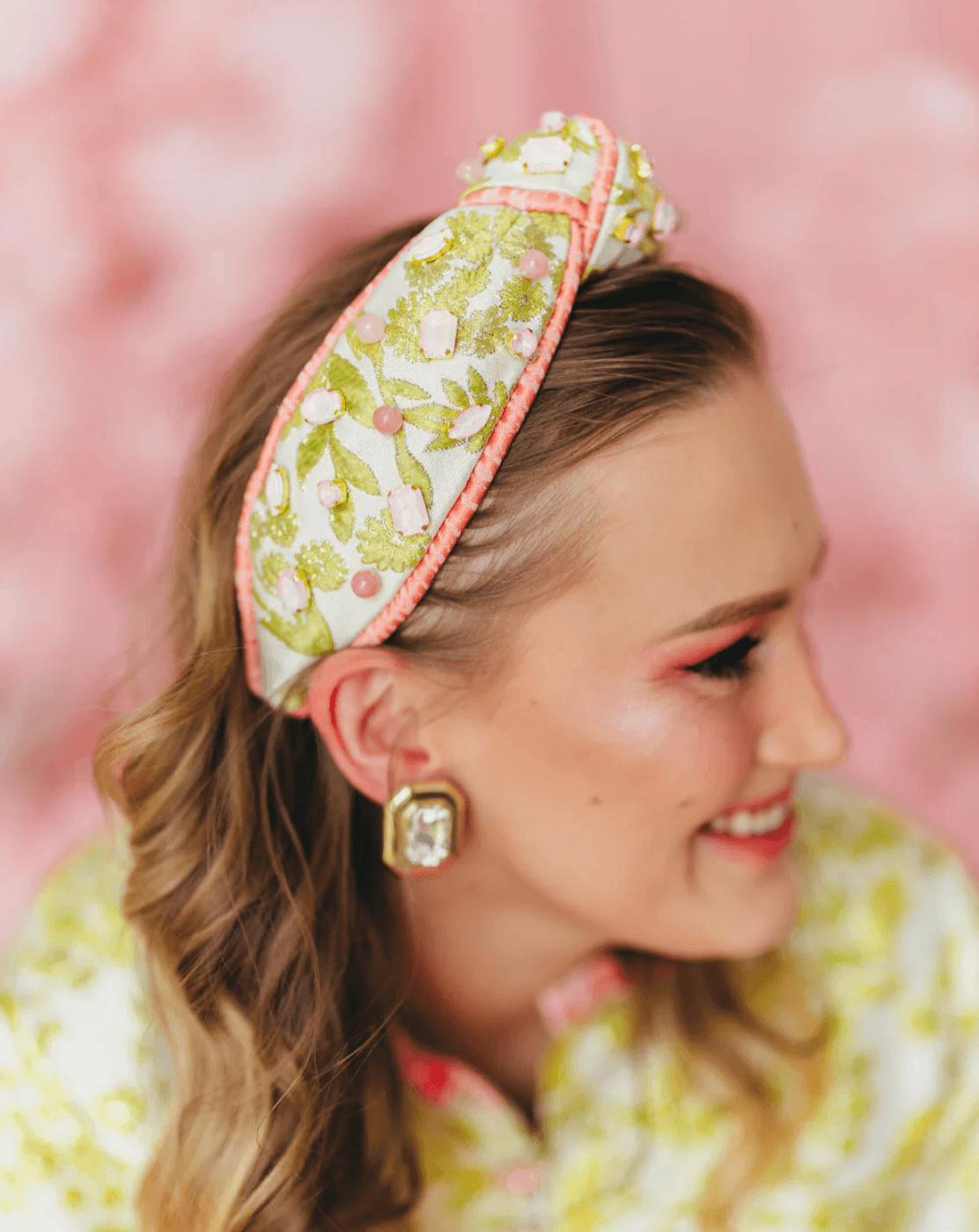 Brianna Cannon Embellished Knotted Headband Chartreuse & Blush Jacquard Size XS - Thumbnail 3