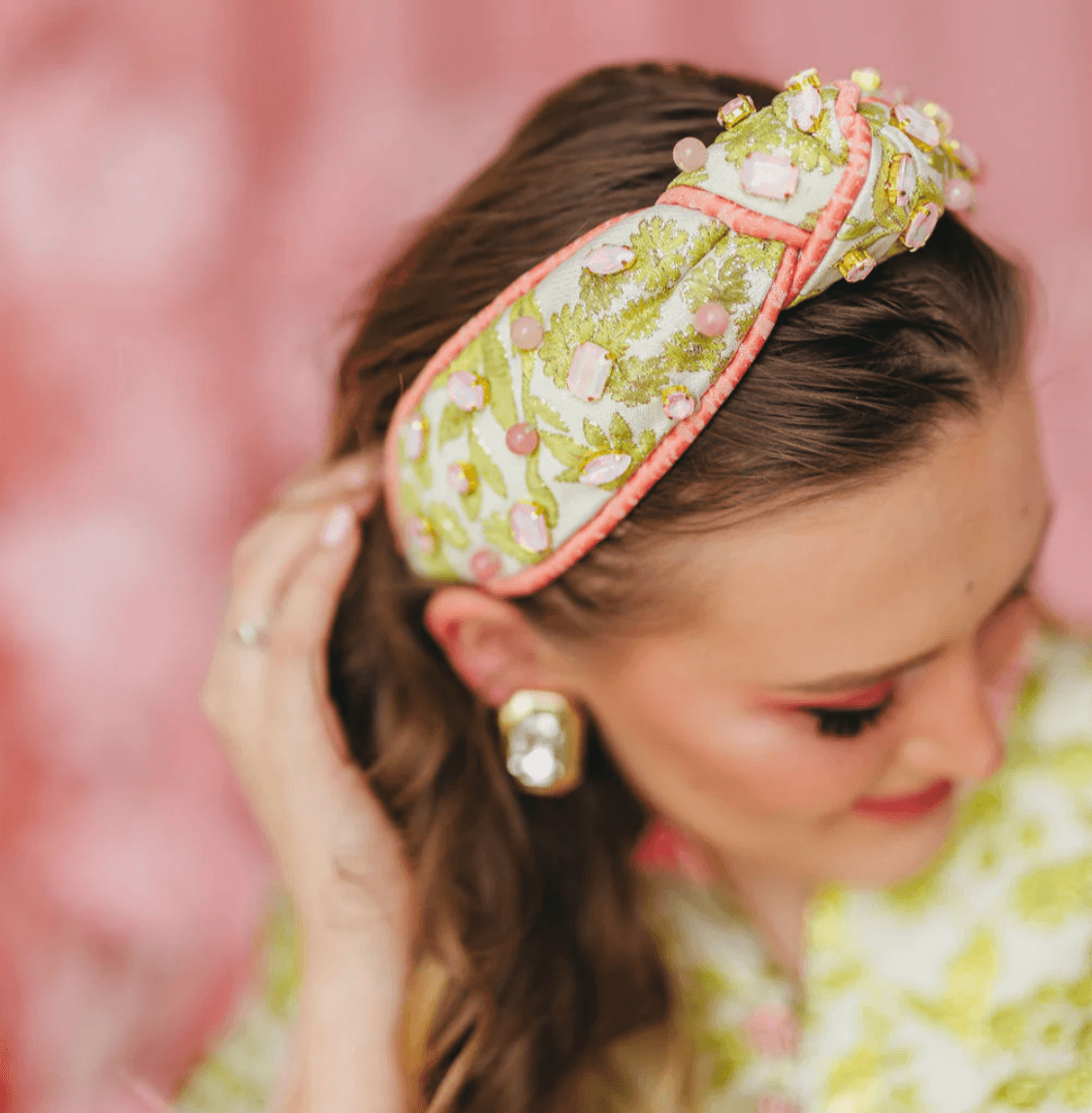 Brianna Cannon Embellished Knotted Headband Chartreuse & Blush Jacquard Size XS - Thumbnail 2