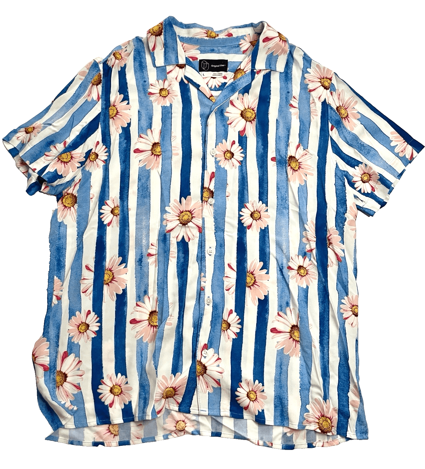 Men's Short Sleeve Button Up Floral Blue Stripe by Original Use Size Large - Thumbnail 2