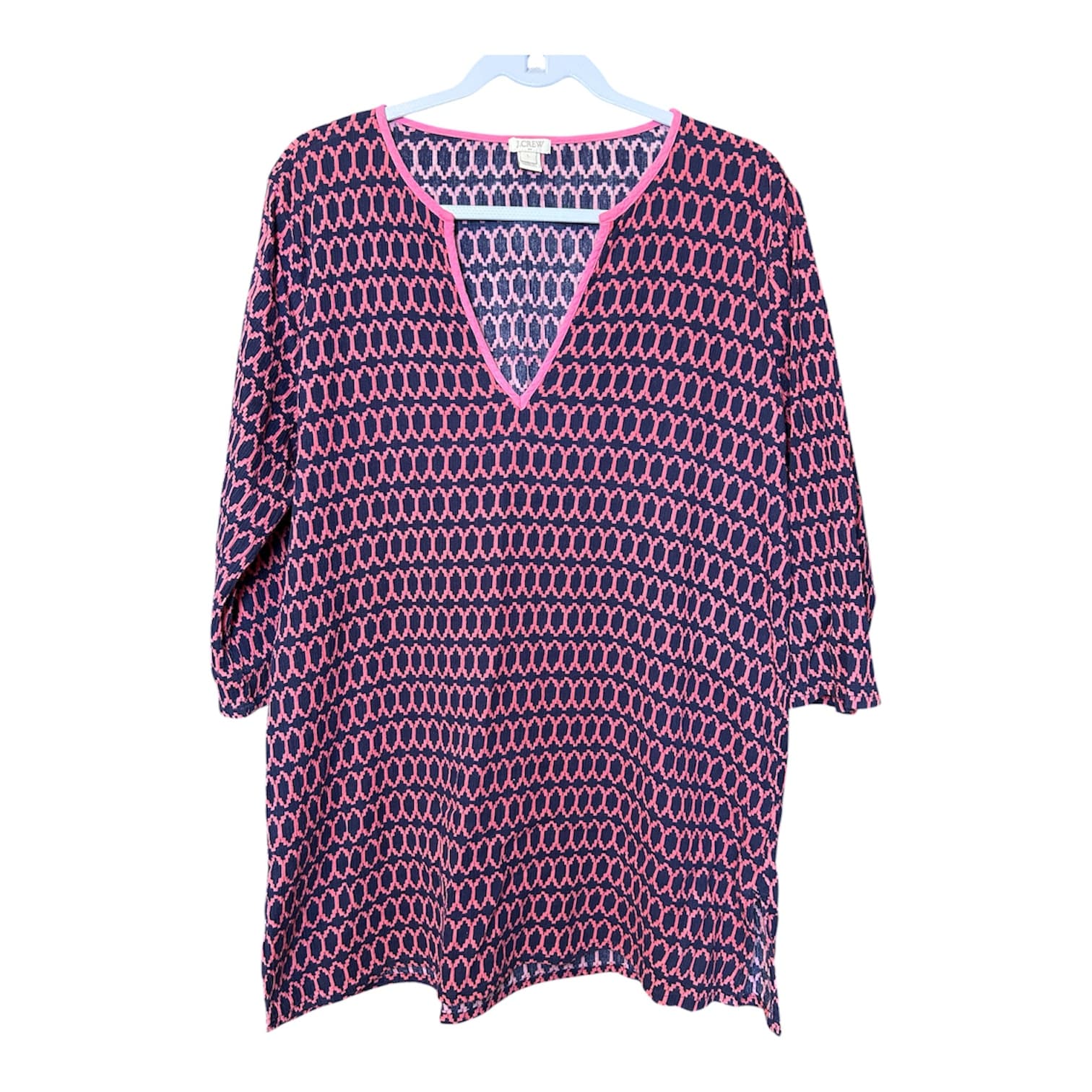J.Crew Cotton Tunic Dress Size L Pink Navy Pattern - Thumbnail 2