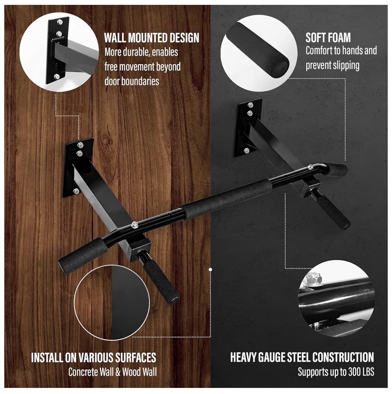 Wall Mounted Pull Up Bar 39" Heavy Duty Steel - Thumbnail 3