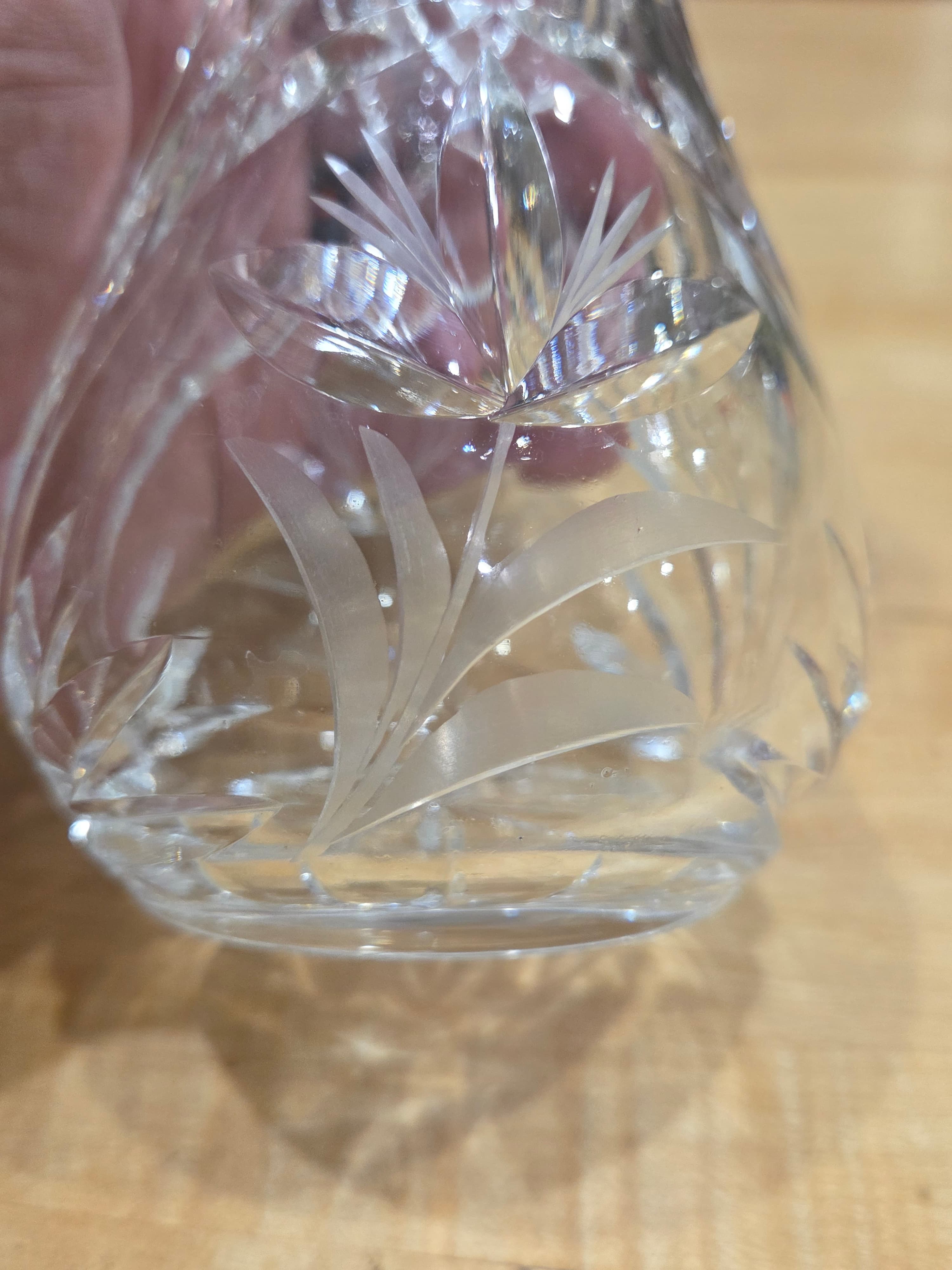 Vintage Cut Crystal Hourglass Vase Frosted Flower Etched Diamond Crosshatch - Thumbnail 4
