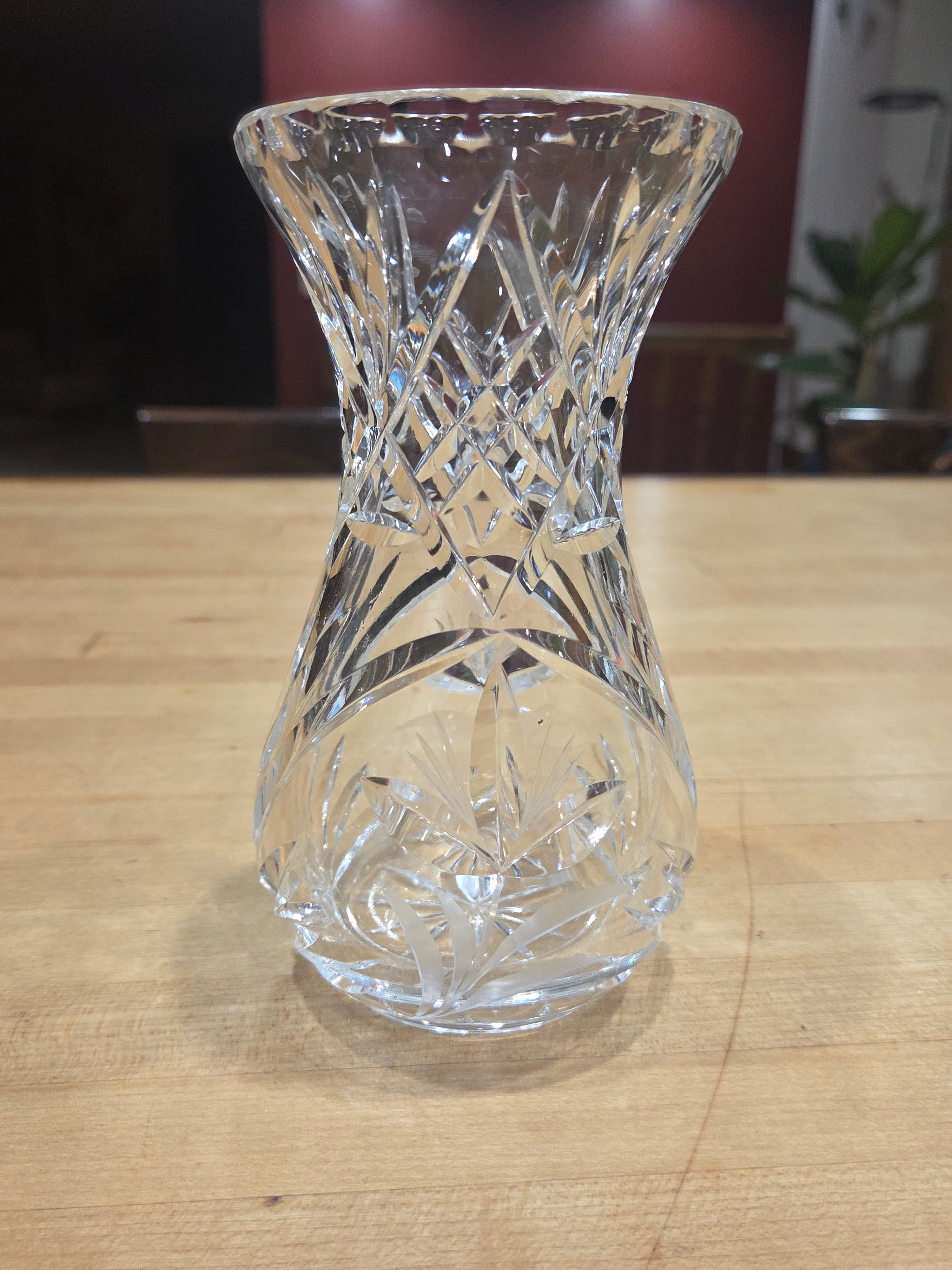 Vintage Cut Crystal Hourglass Vase Frosted Flower Etched Diamond Crosshatch
