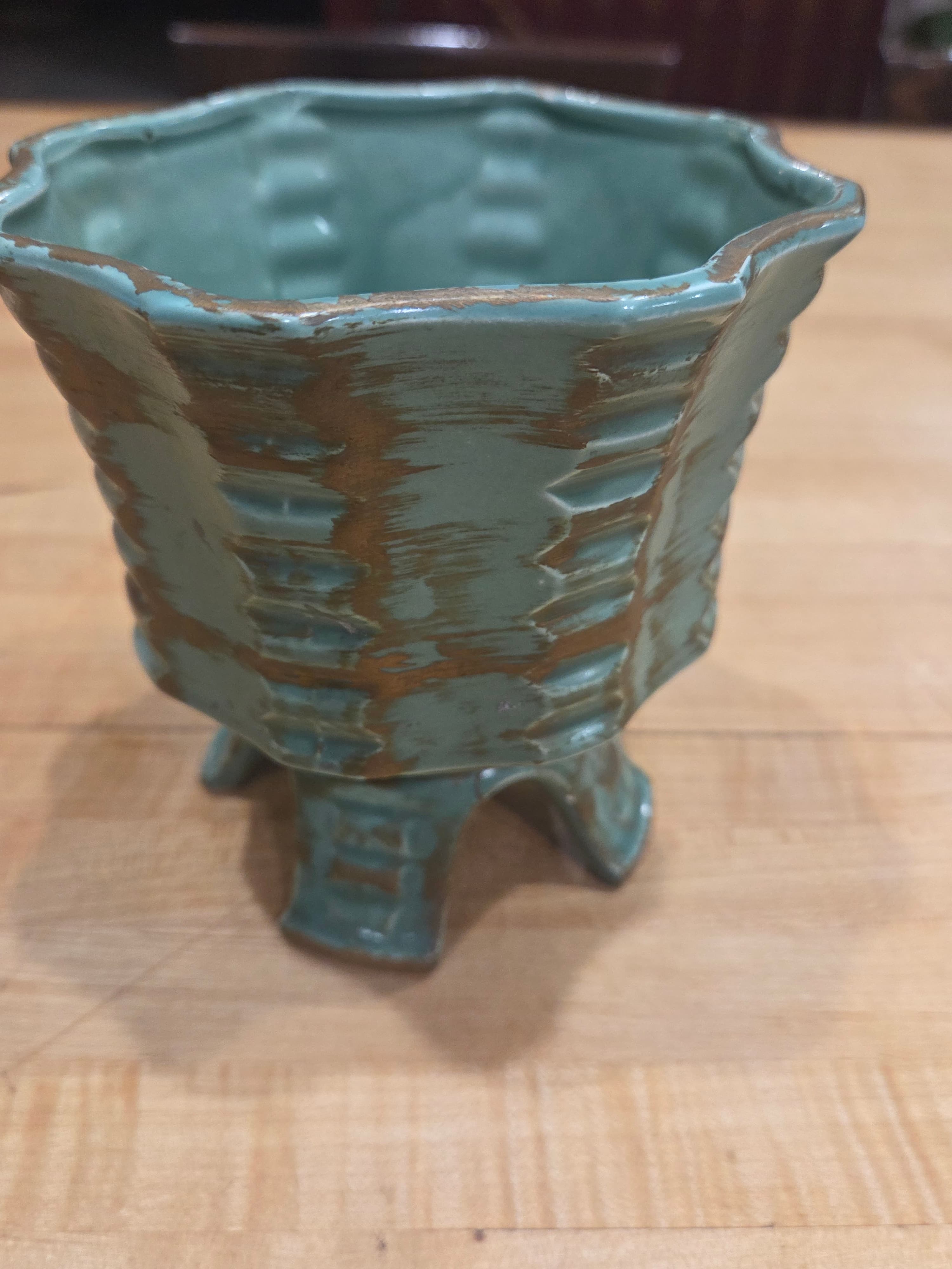 Vintage Japan Footed Ceramic Planter Celadon Green Gold Hand Decorated Scalloped