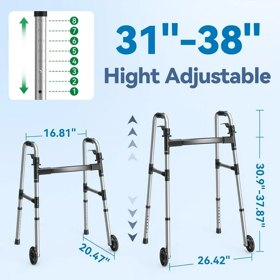 Folding Walker with Wheels & Skis Adjustable Black - Thumbnail 3