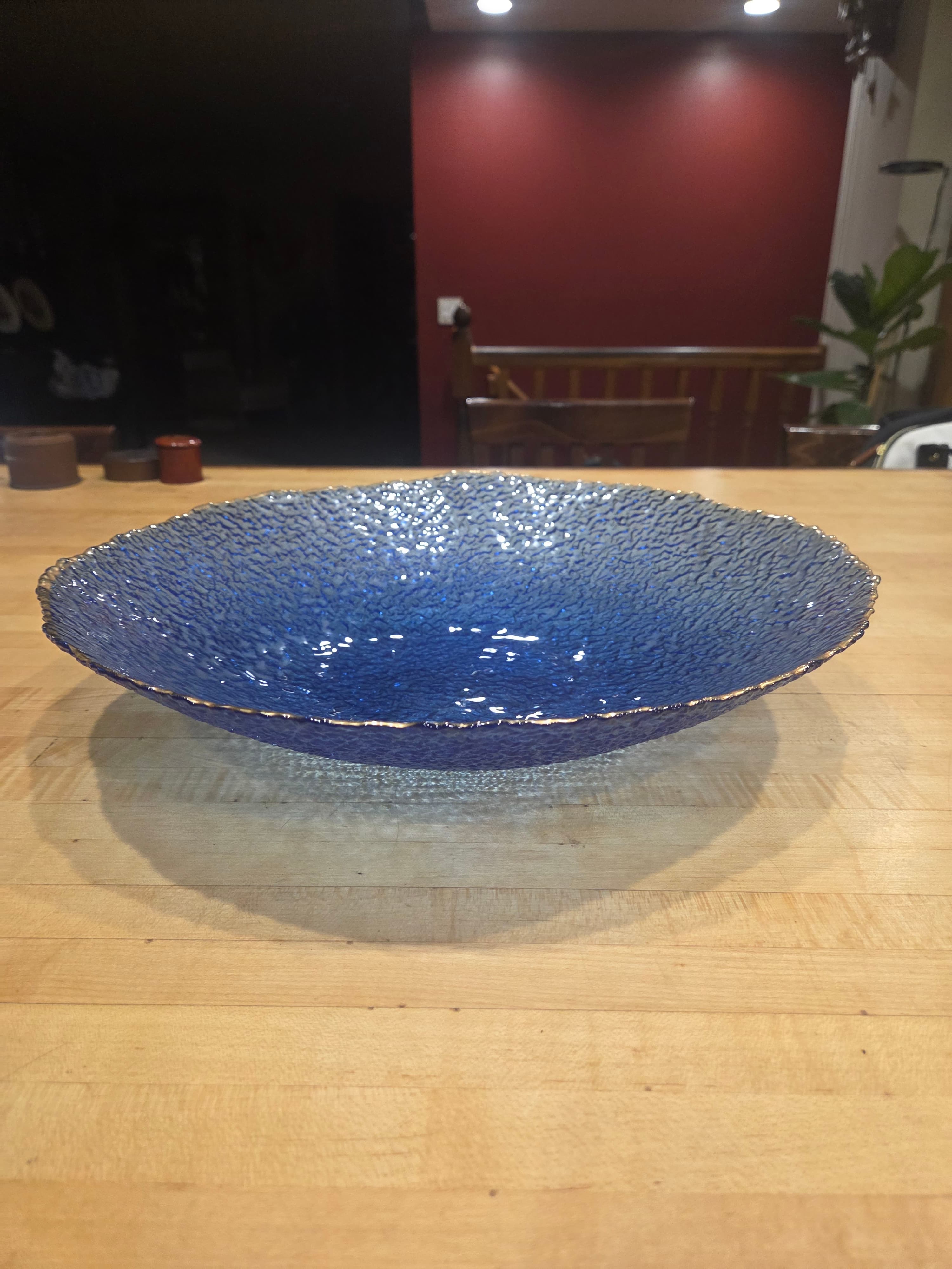 Vintage Cobalt Blue Textured Glass Bowl Gold  Centerpiece Mid Century Modern MCM - Thumbnail 2