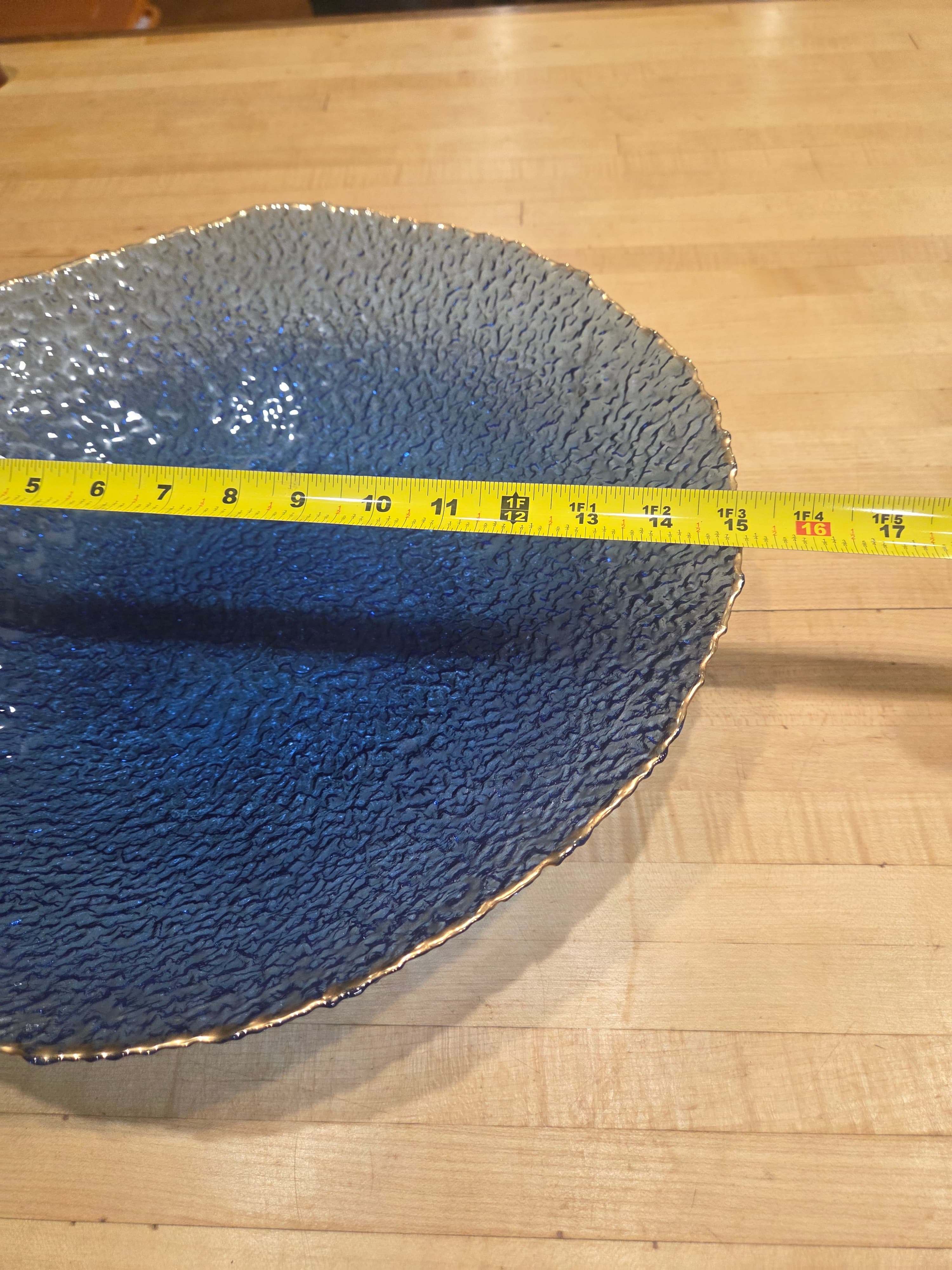 Vintage Cobalt Blue Textured Glass Bowl Gold  Centerpiece Mid Century Modern MCM - Thumbnail 7