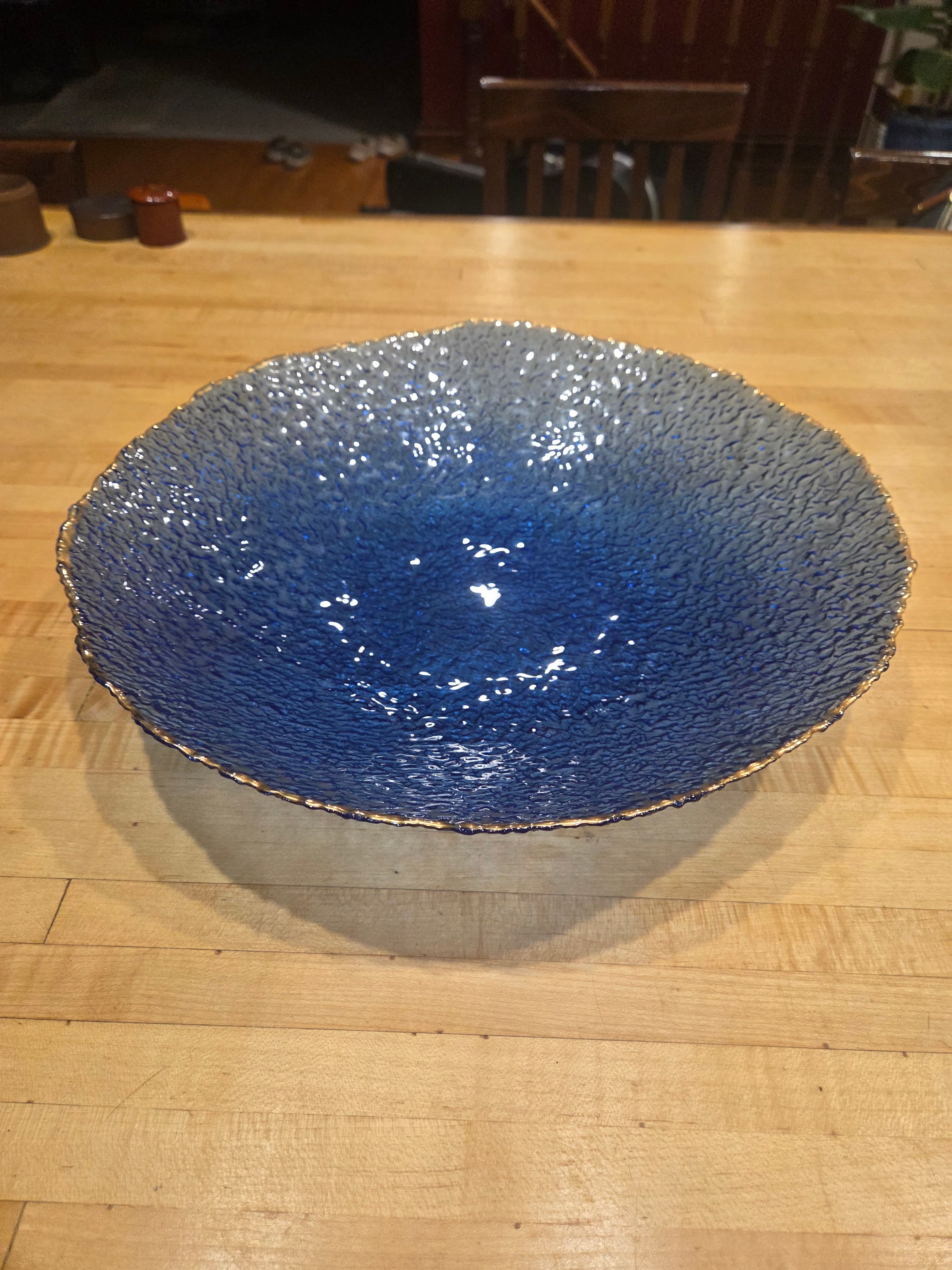 Vintage Cobalt Blue Textured Glass Bowl Gold  Centerpiece Mid Century Modern MCM