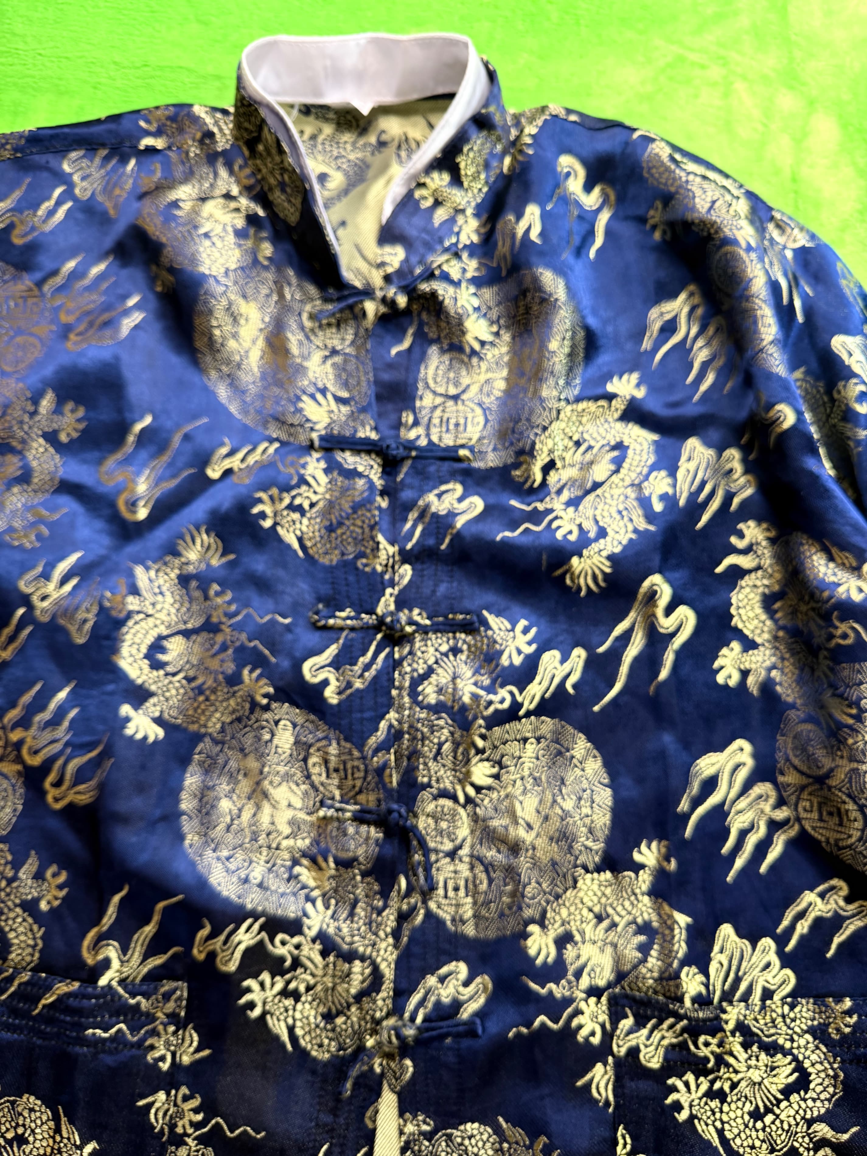 Chinese Dragon Brocade Jacket Navy Gold Frog Closure Mandarin Collar Sz L - Thumbnail 6