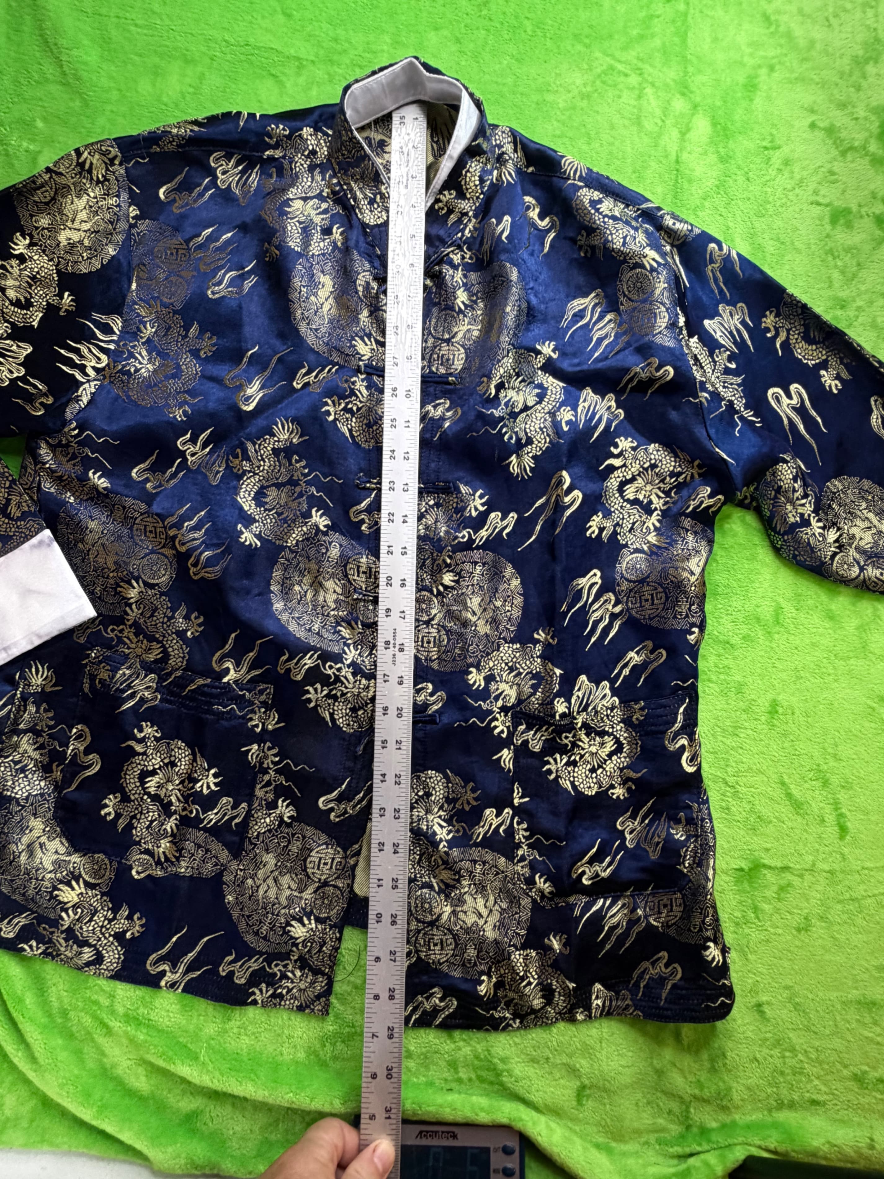 Chinese Dragon Brocade Jacket Navy Gold Frog Closure Mandarin Collar Sz L - Thumbnail 8