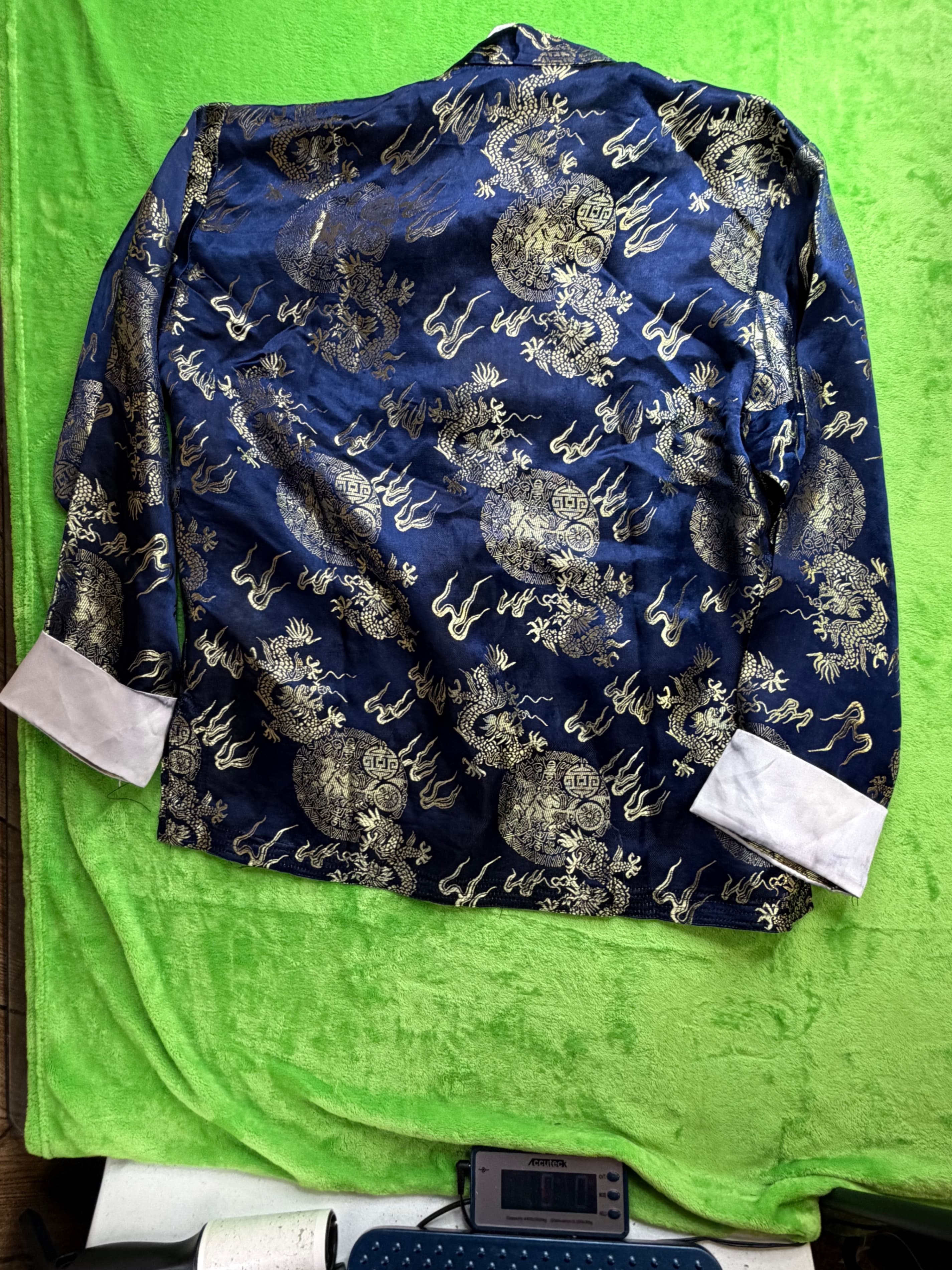 Chinese Dragon Brocade Jacket Navy Gold Frog Closure Mandarin Collar Sz L - Thumbnail 2