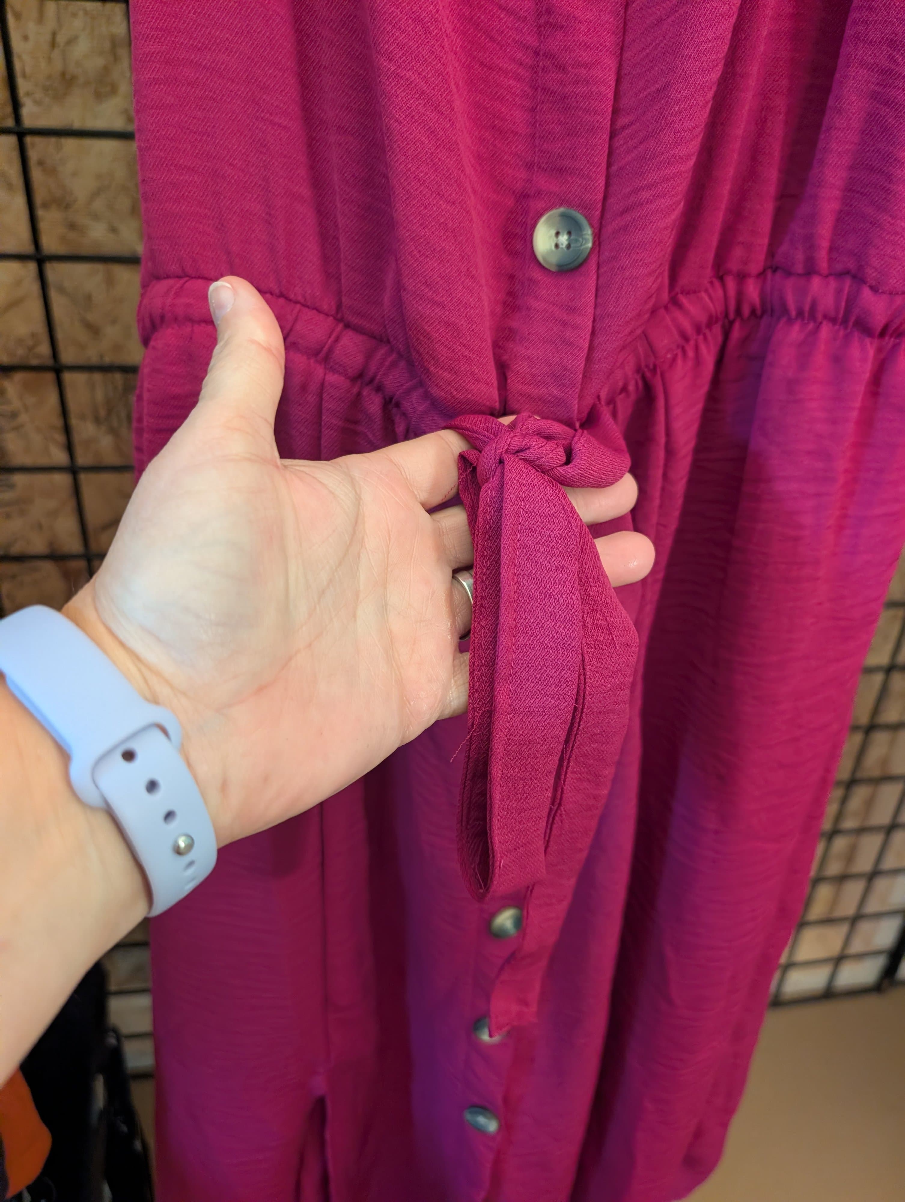 Pink Button-Down Midi Dress with Ruffle Sleeves - Thumbnail 3