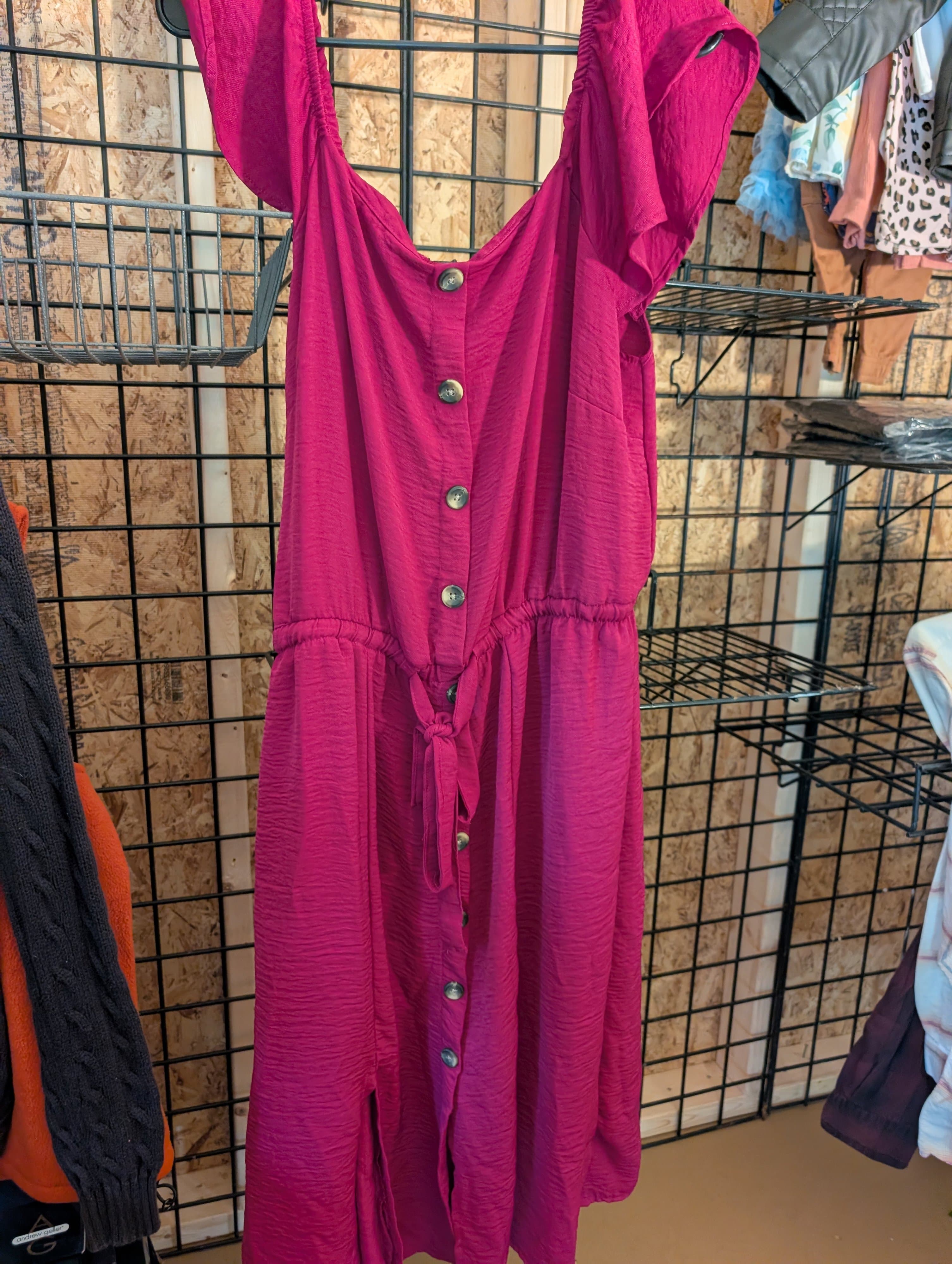 Pink Button-Down Midi Dress with Ruffle Sleeves - Thumbnail 2