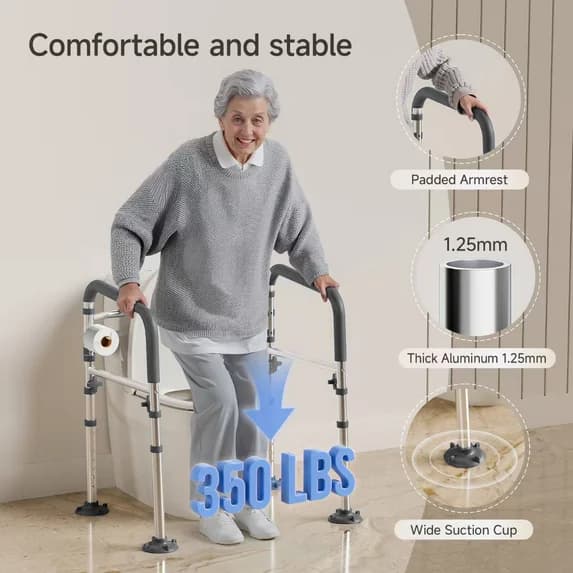 Toilet Safety Rails, Adjustable Toilet Frame, Foldable Toilet Handles Fit Any Toilets (Gray) - Thumbnail 3