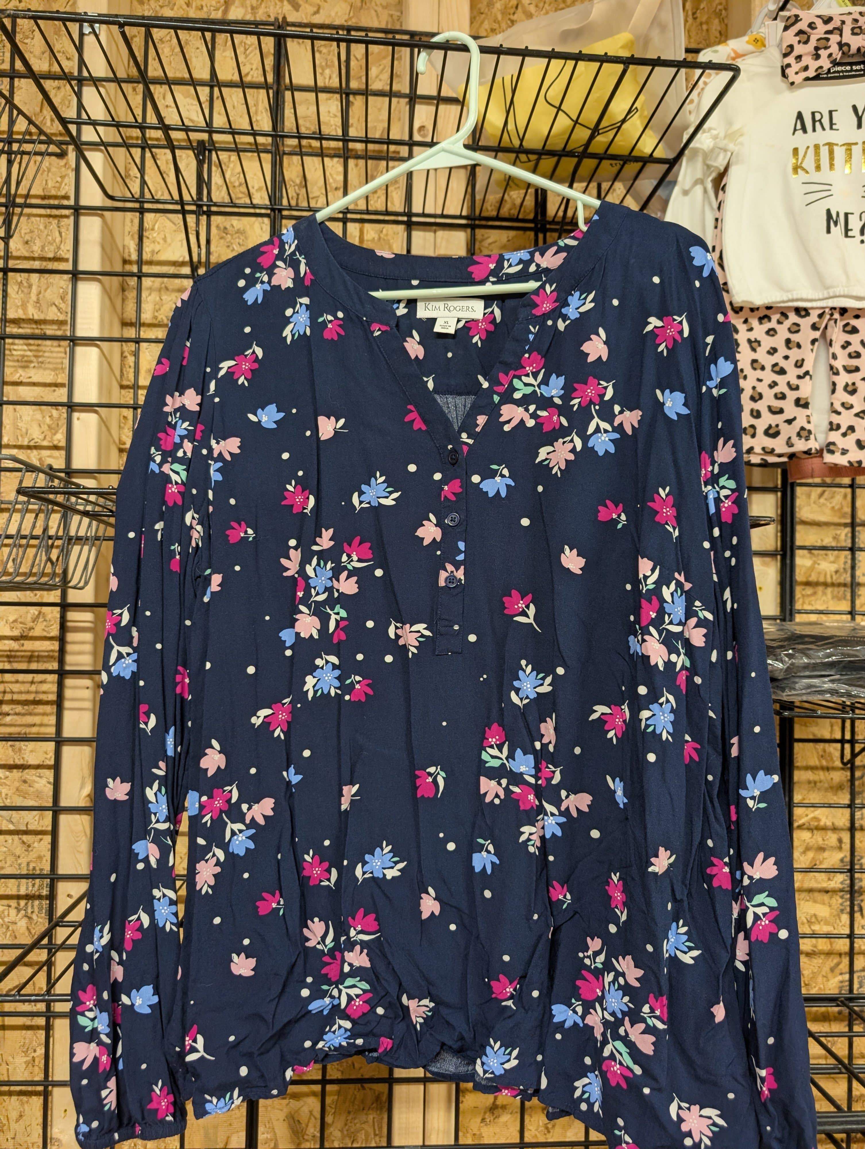 Kim Rogers Floral Blouse XL Navy Long Sleeve - Thumbnail 2